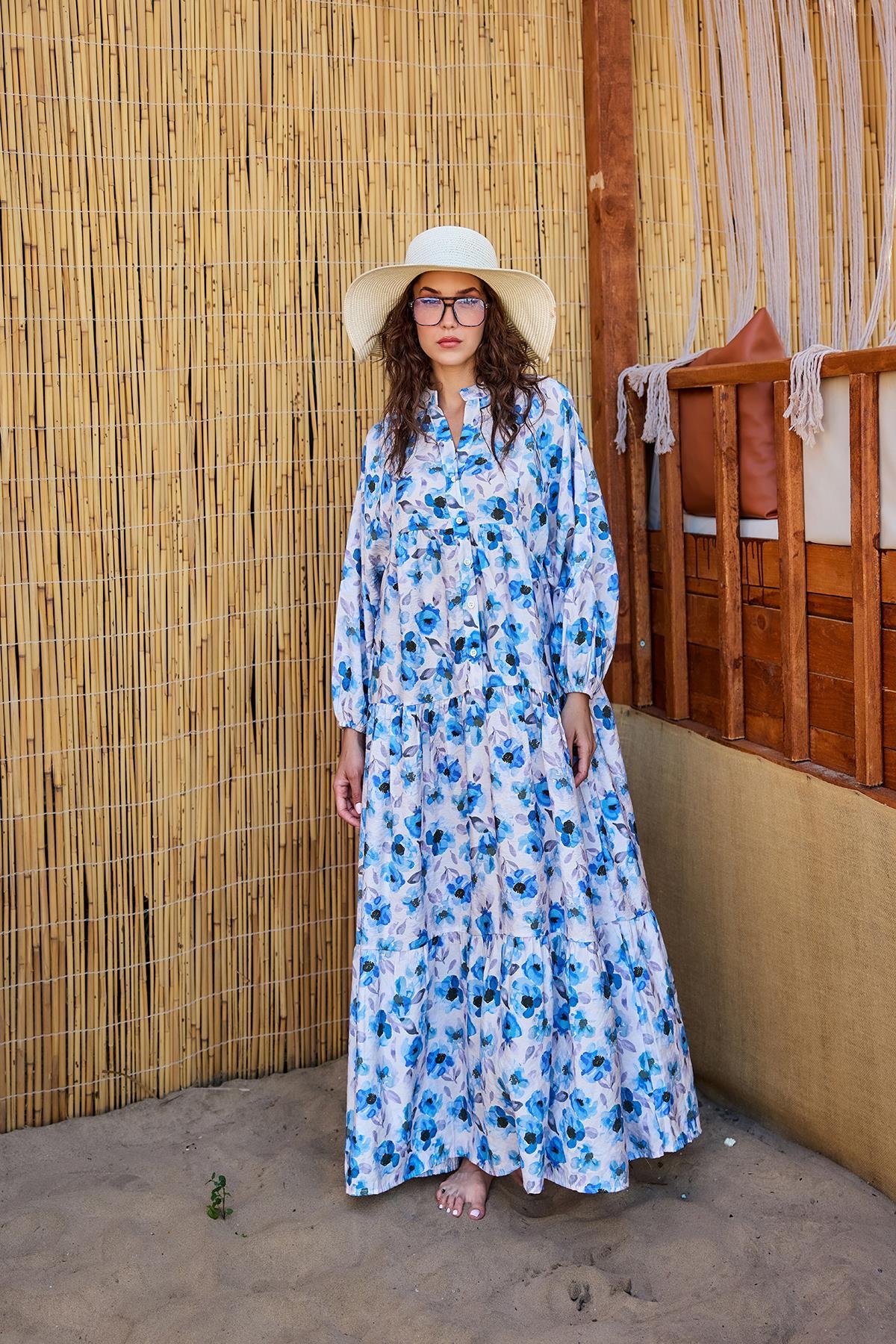 Etnik Çicek Desenli Elbise Mavi