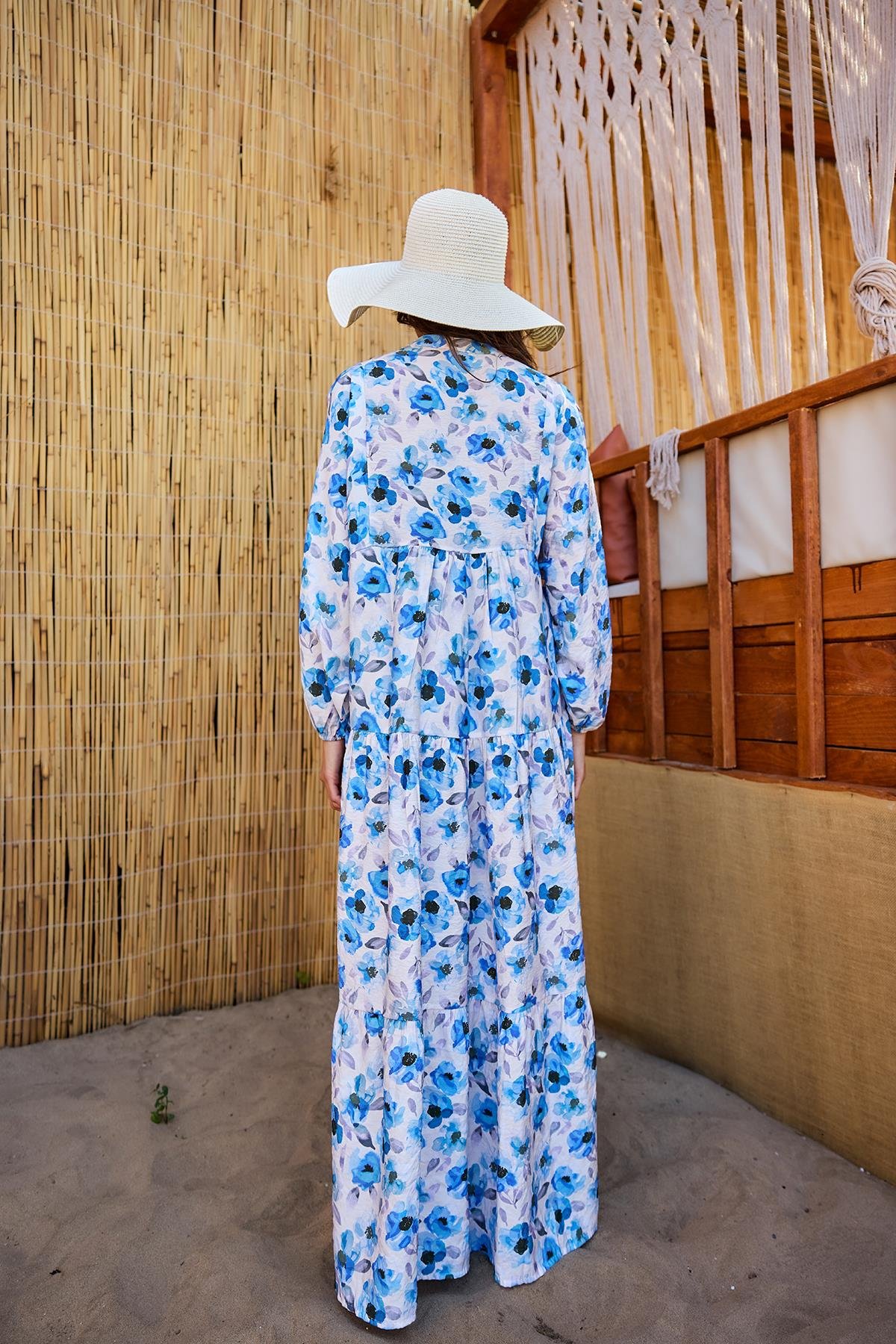 Etnik Çicek Desenli Elbise Mavi