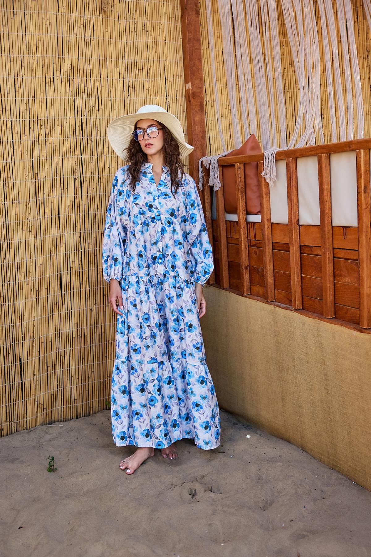 Etnik Çicek Desenli Elbise Mavi