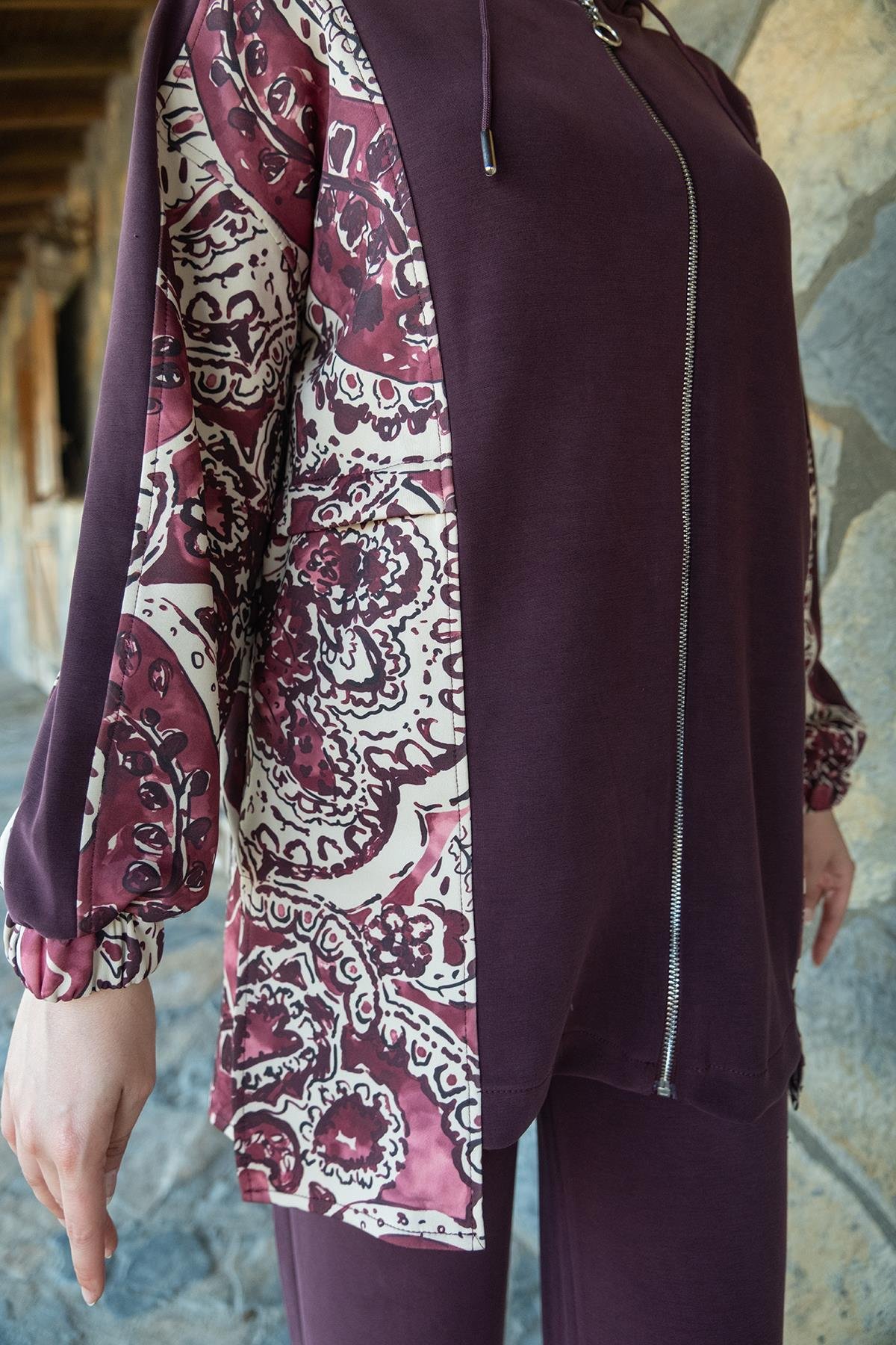 Etnik Desen Kapüşonlu İkili Takım Mürdüm