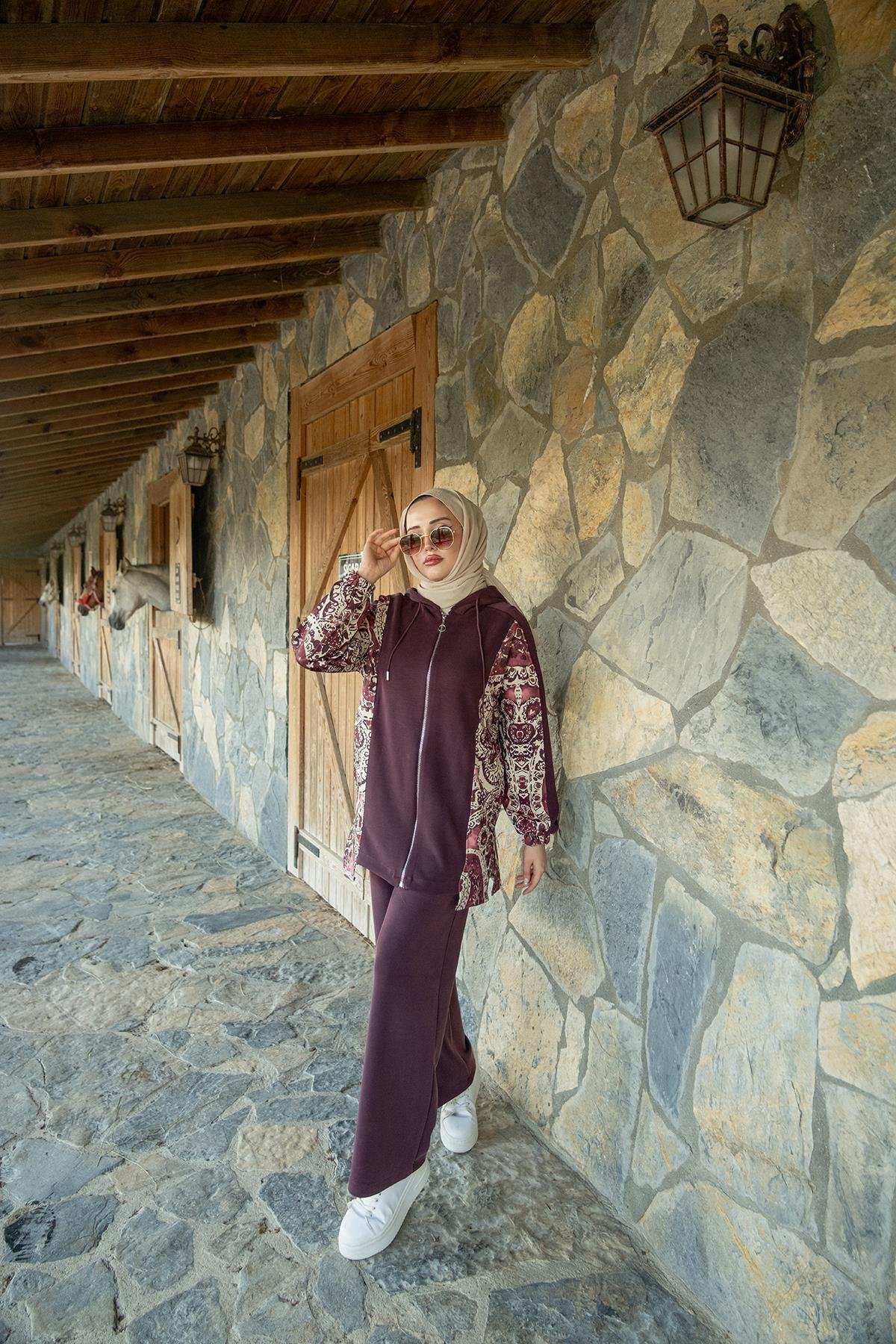 Etnik Desen Kapüşonlu İkili Takım Mürdüm