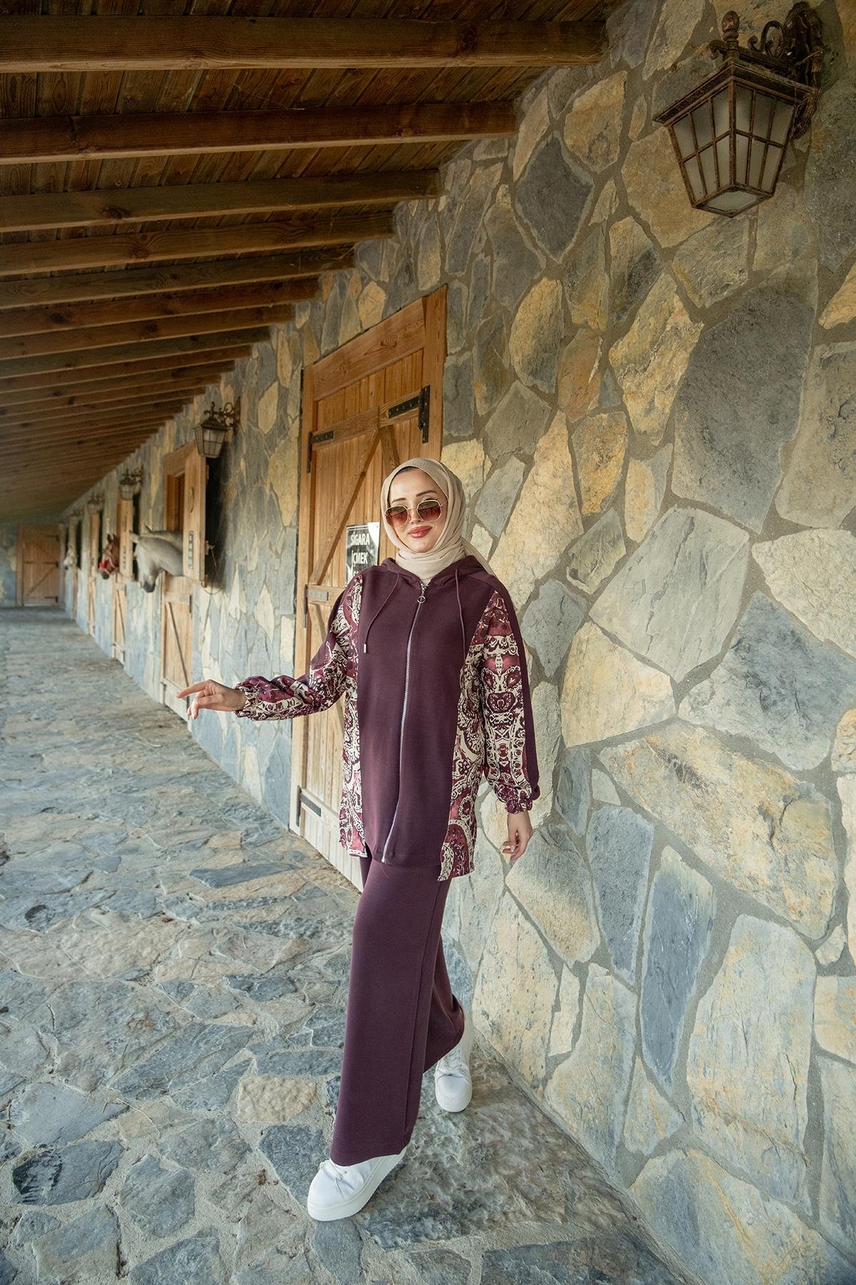 Etnik Desen Kapüşonlu İkili Takım Mürdüm