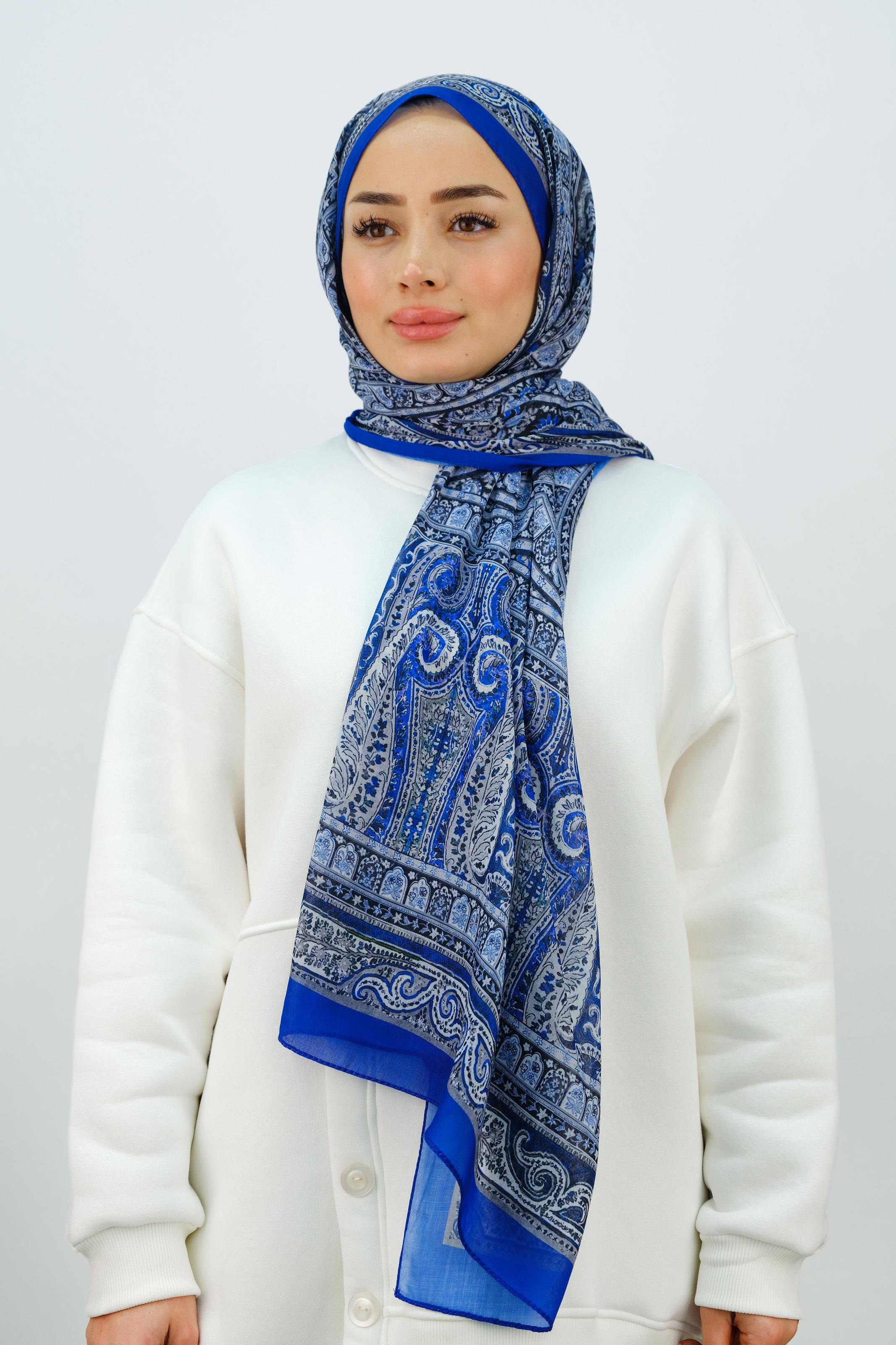 Etnik Desen Şal Saks Mavi