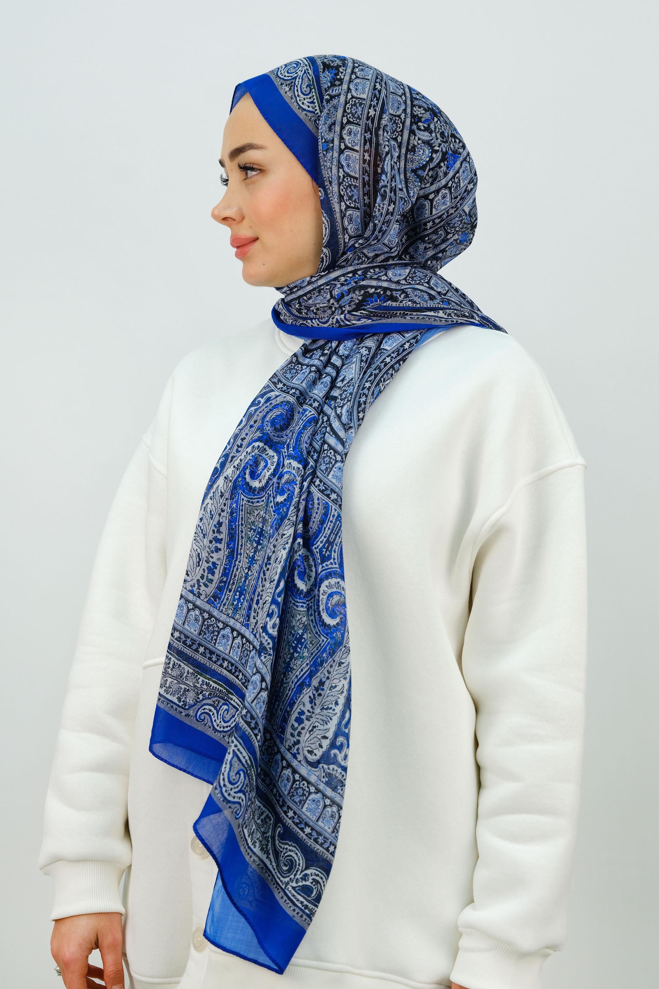 Etnik Desen Şal Saks Mavi