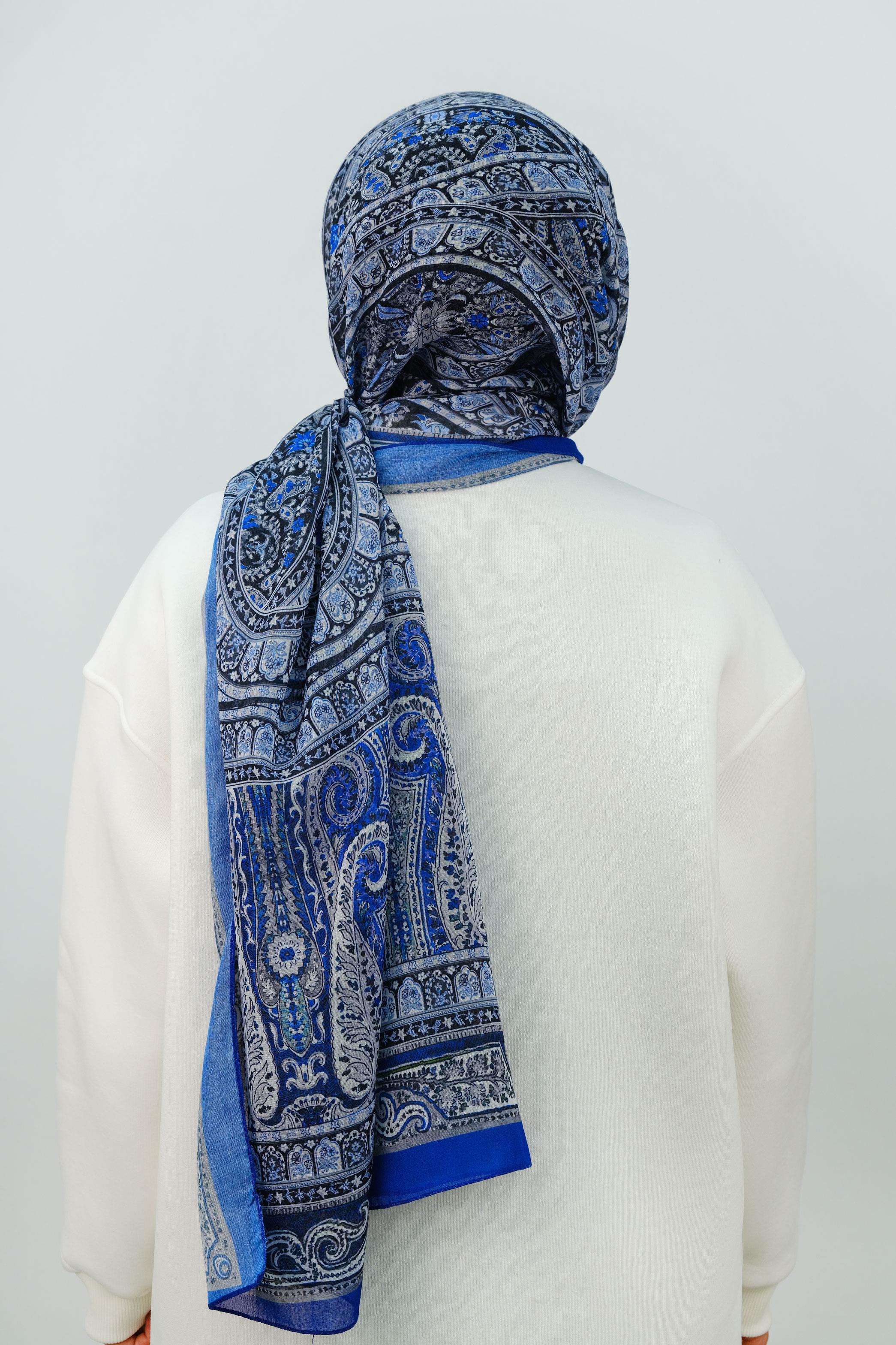 Etnik Desen Şal Saks Mavi