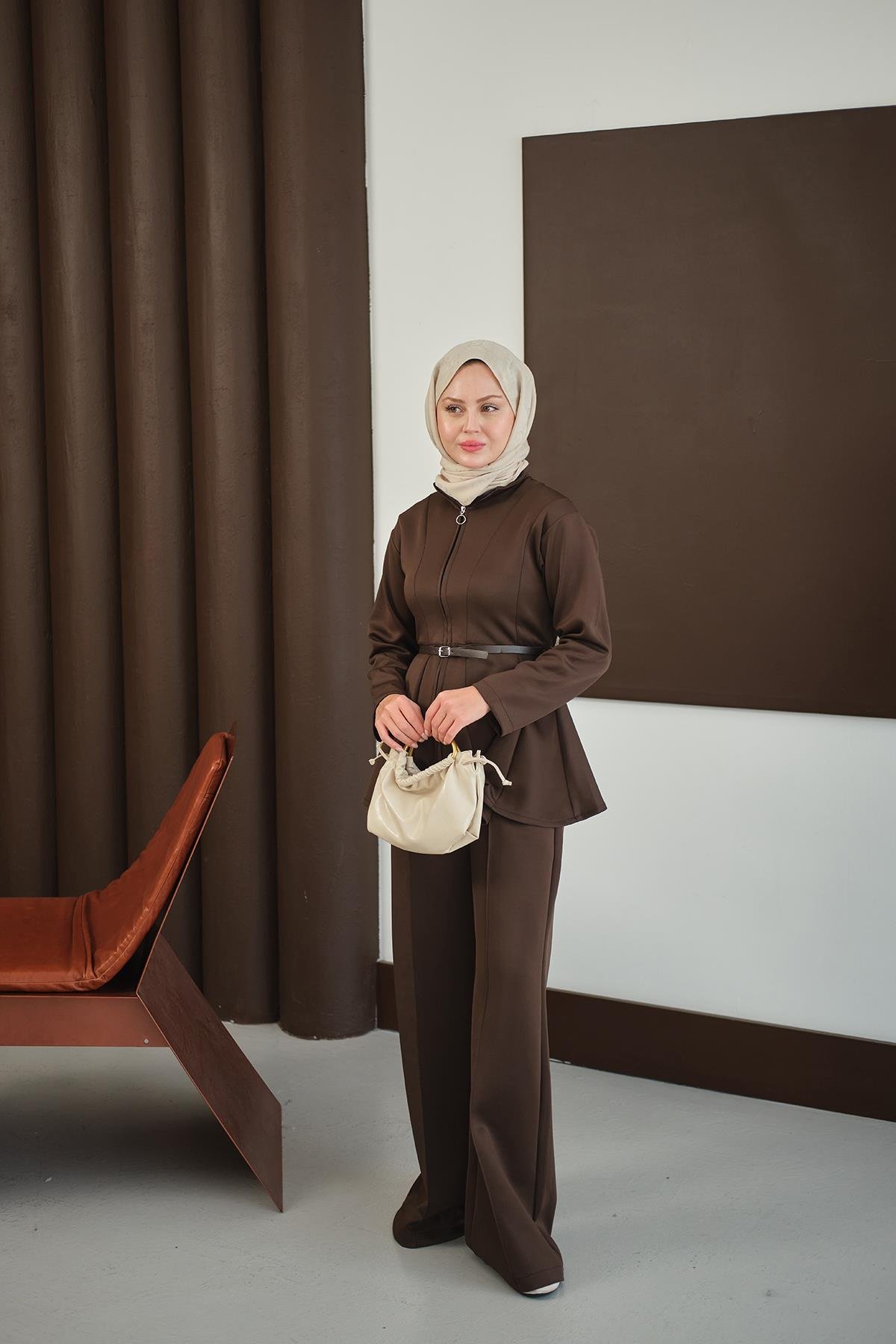 Femuarlı Scuba Takım Kahverengi