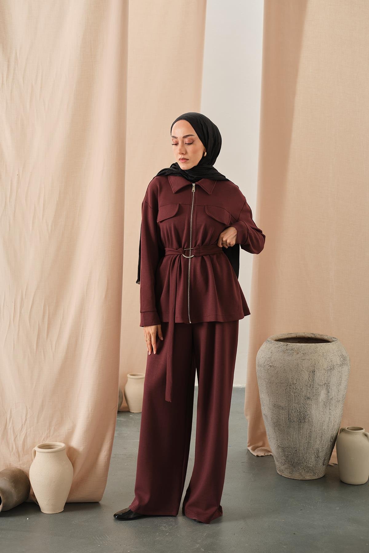 Fermuar Detay Bel Bağlamalı İkili Takım Bordo