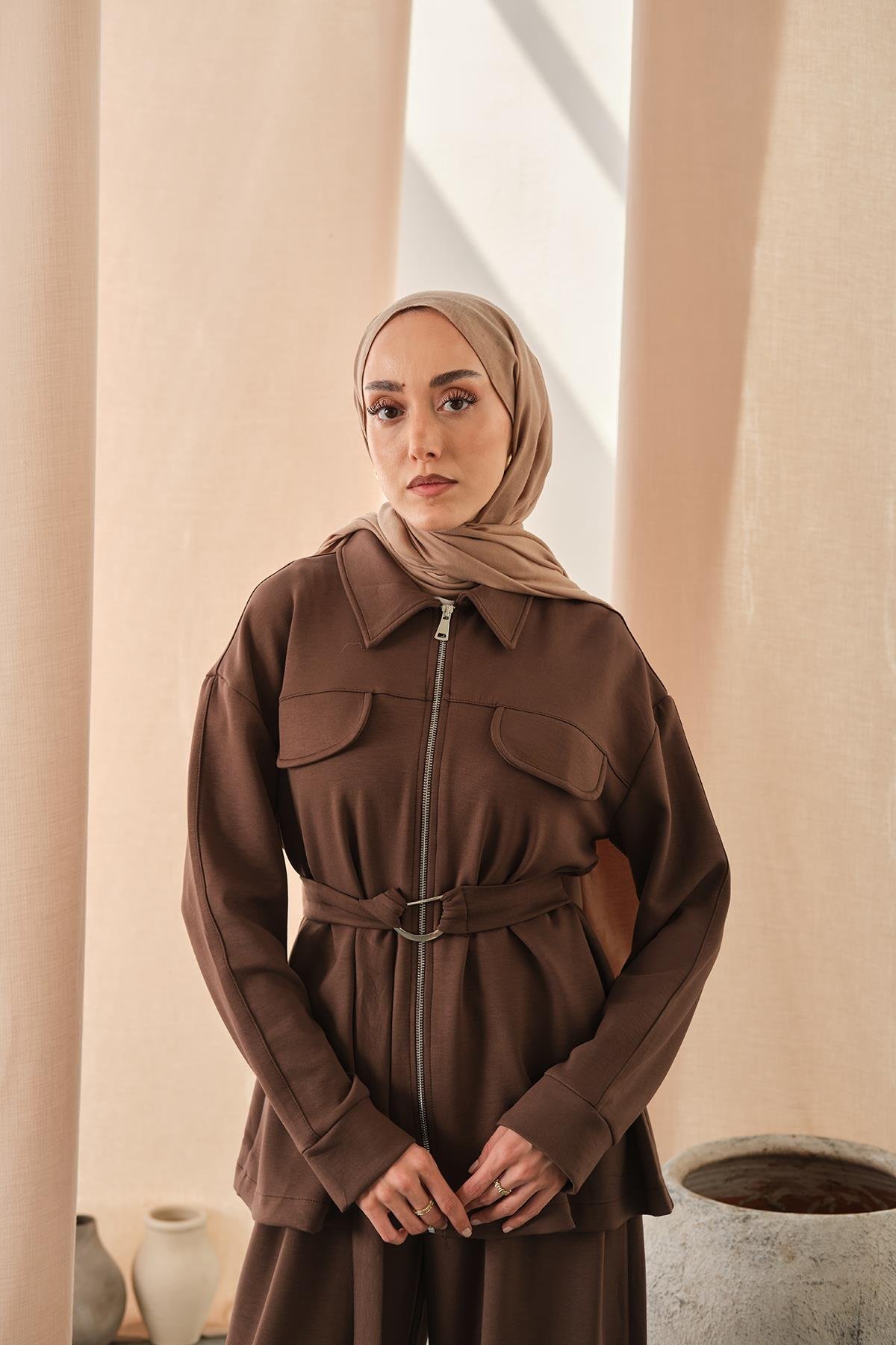 Fermuar Detay Bel Bağlamalı İkili Takım Kahverengi