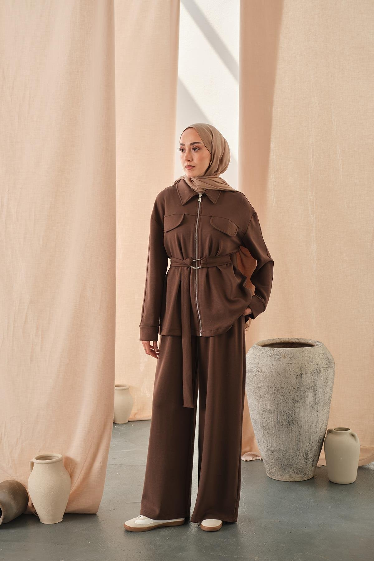Fermuar Detay Bel Bağlamalı İkili Takım Kahverengi