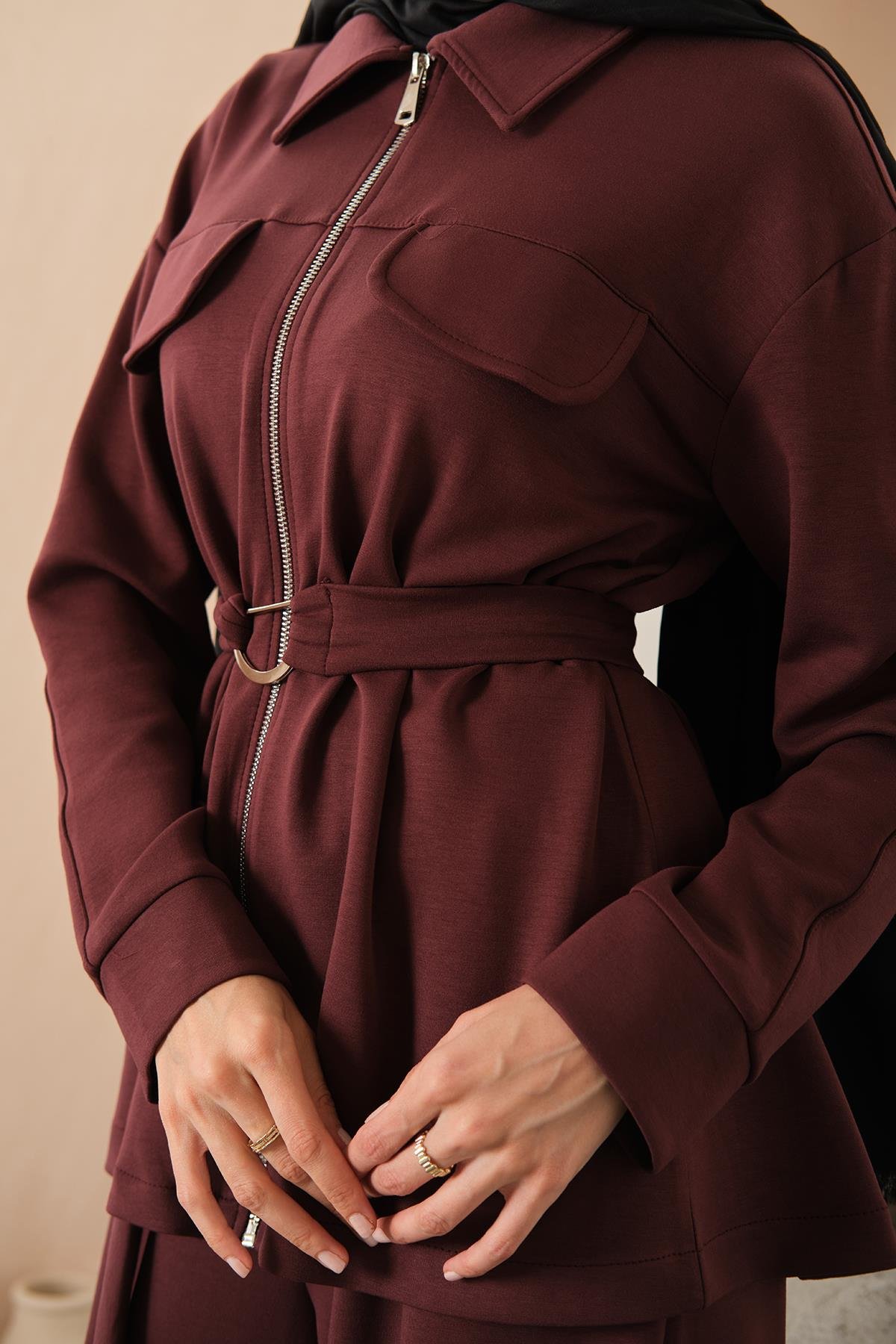 Fermuar Detay Bel Bağlamalı İkili Takım Bordo