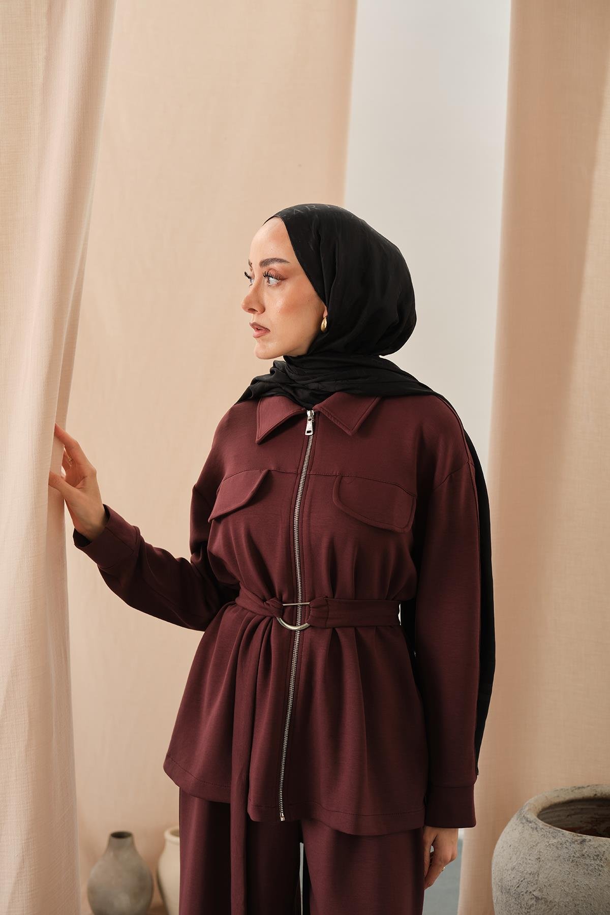 Fermuar Detay Bel Bağlamalı İkili Takım Bordo