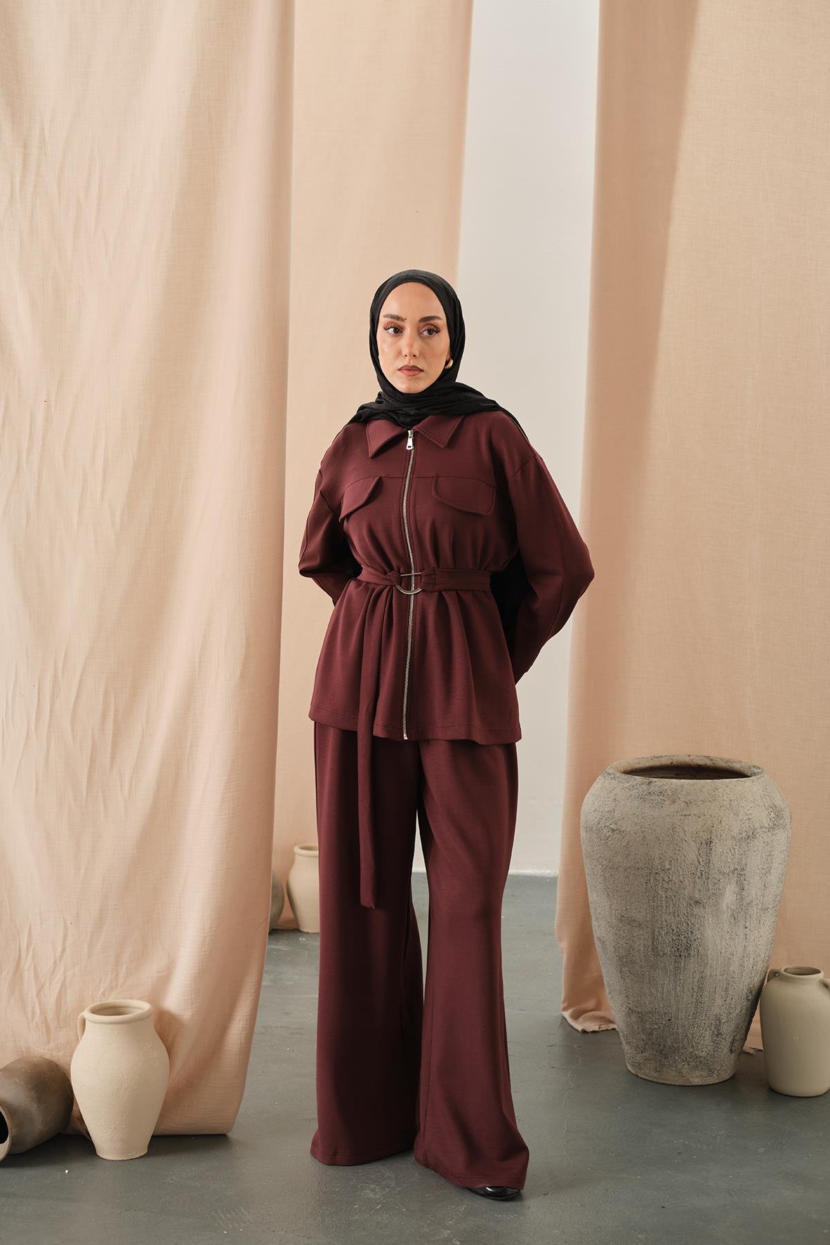 Fermuar Detay Bel Bağlamalı İkili Takım Bordo