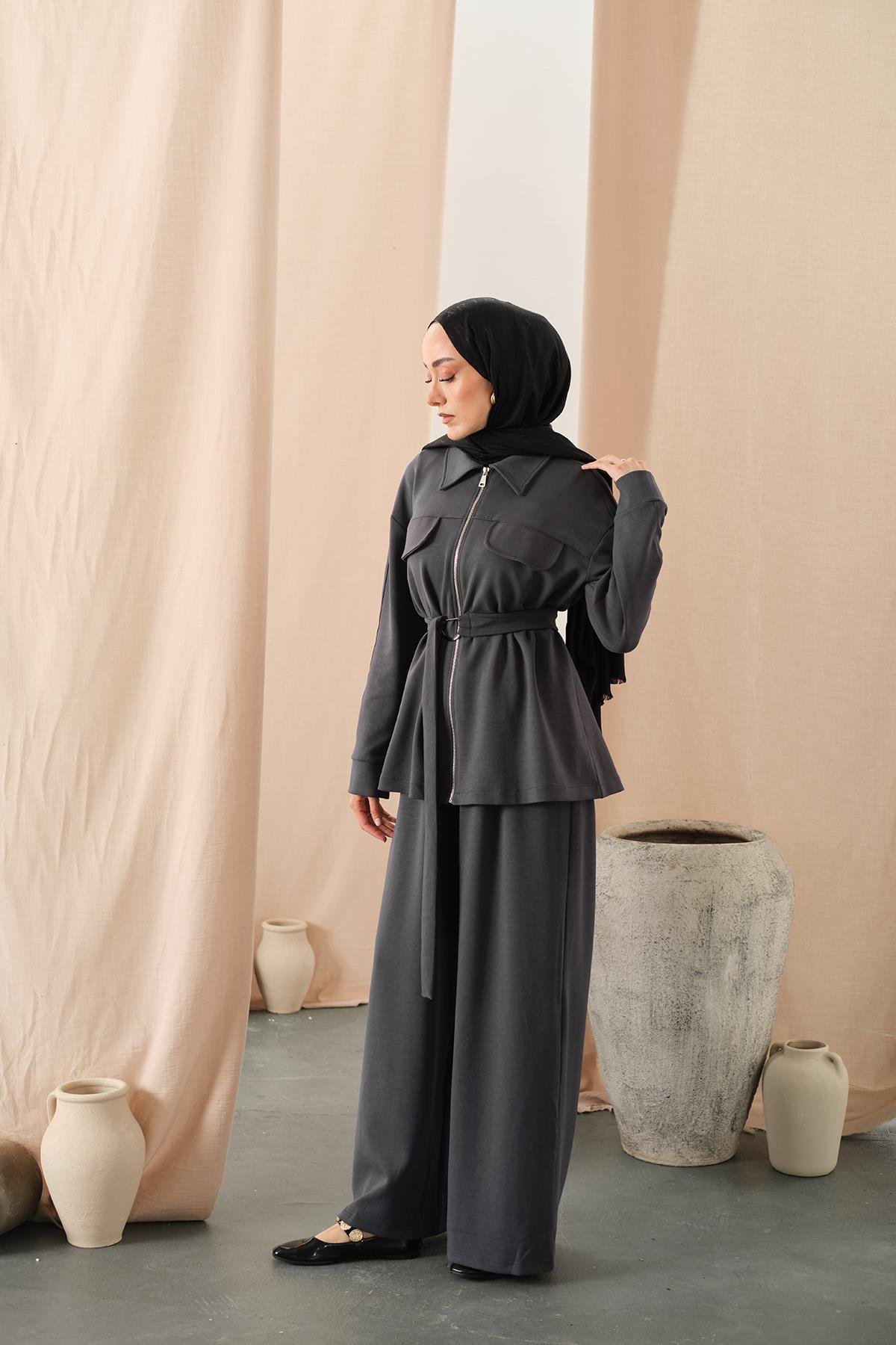 Fermuar Detay Bel Bağlamalı İkili Takım Gri