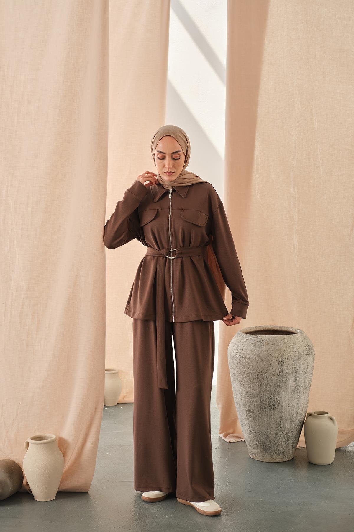 Fermuar Detay Bel Bağlamalı İkili Takım Kahverengi