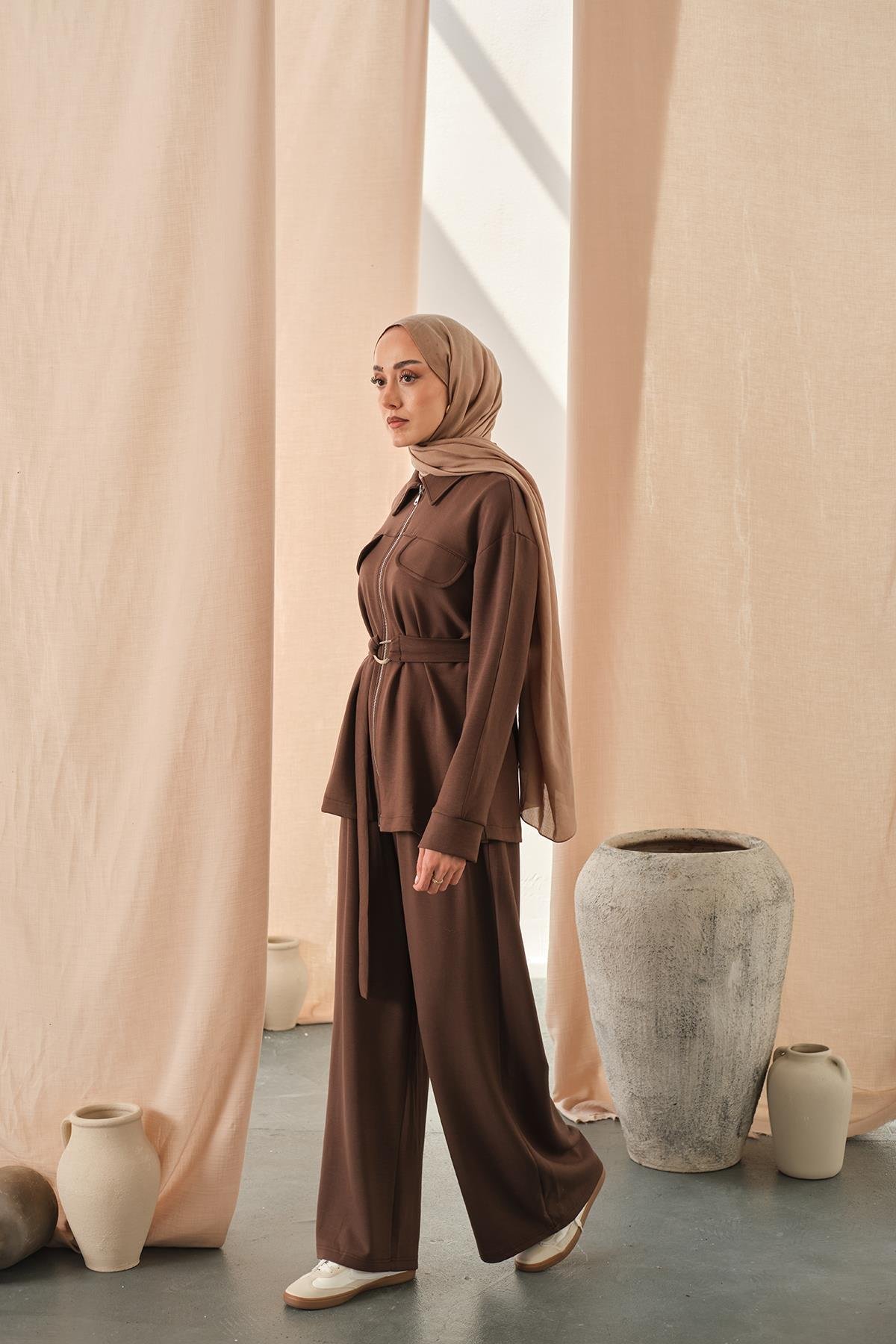 Fermuar Detay Bel Bağlamalı İkili Takım Kahverengi