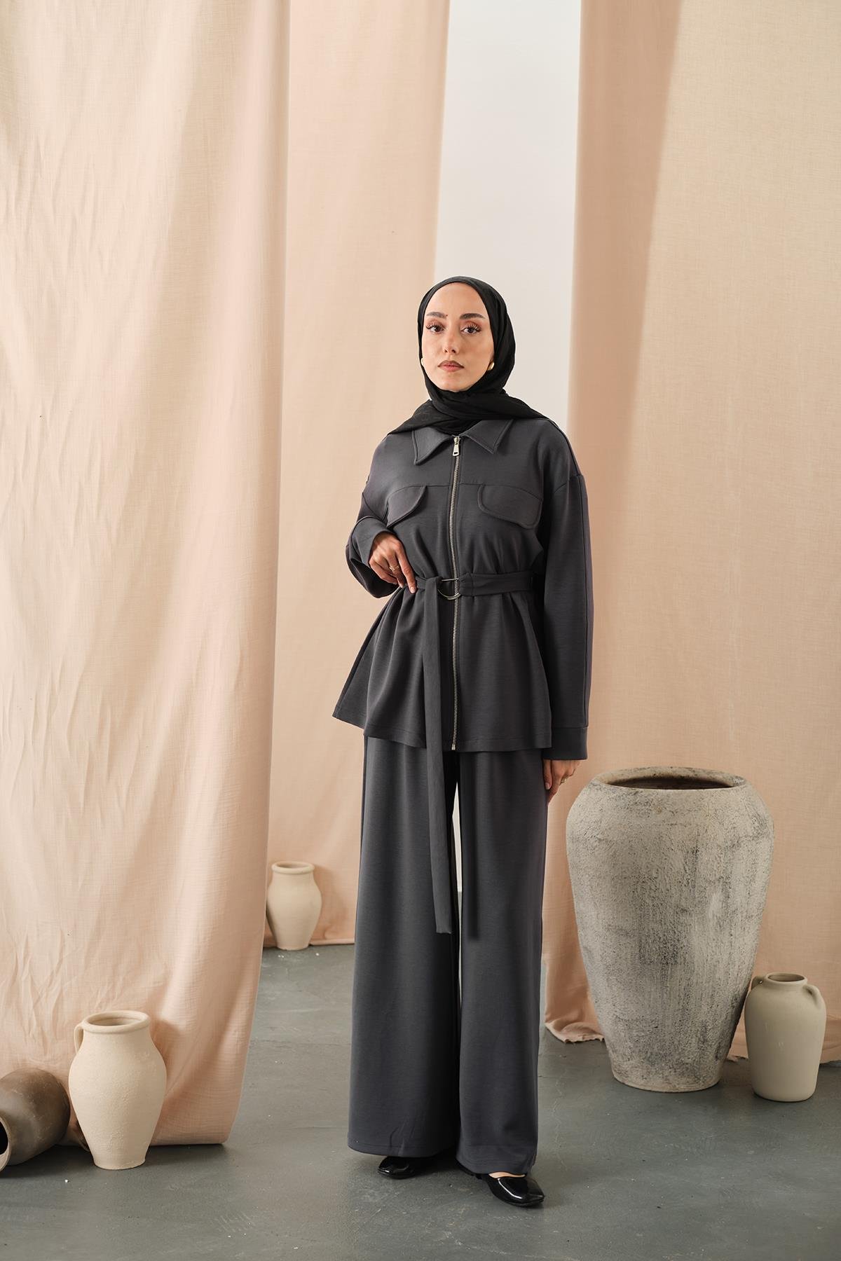 Fermuar Detay Bel Bağlamalı İkili Takım Gri