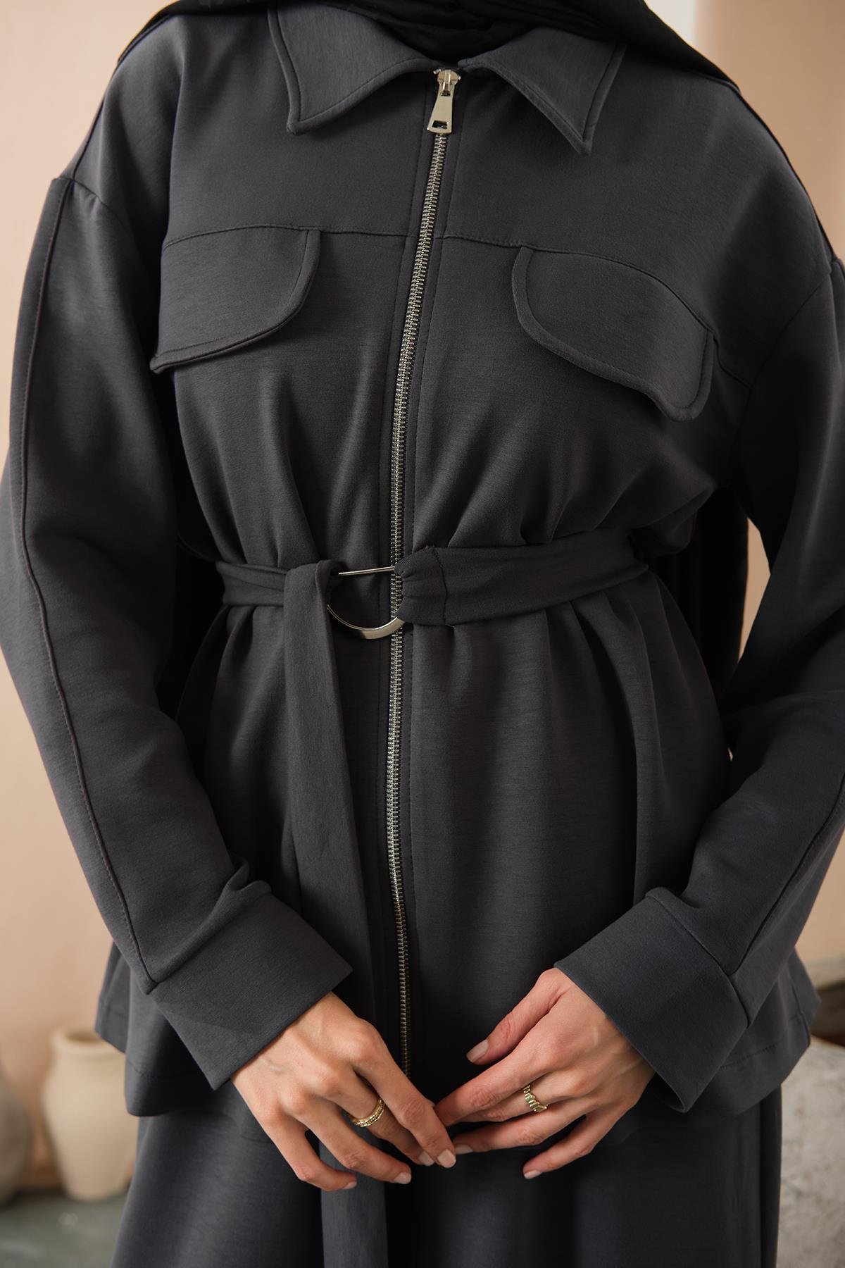 Fermuar Detay Bel Bağlamalı İkili Takım Gri