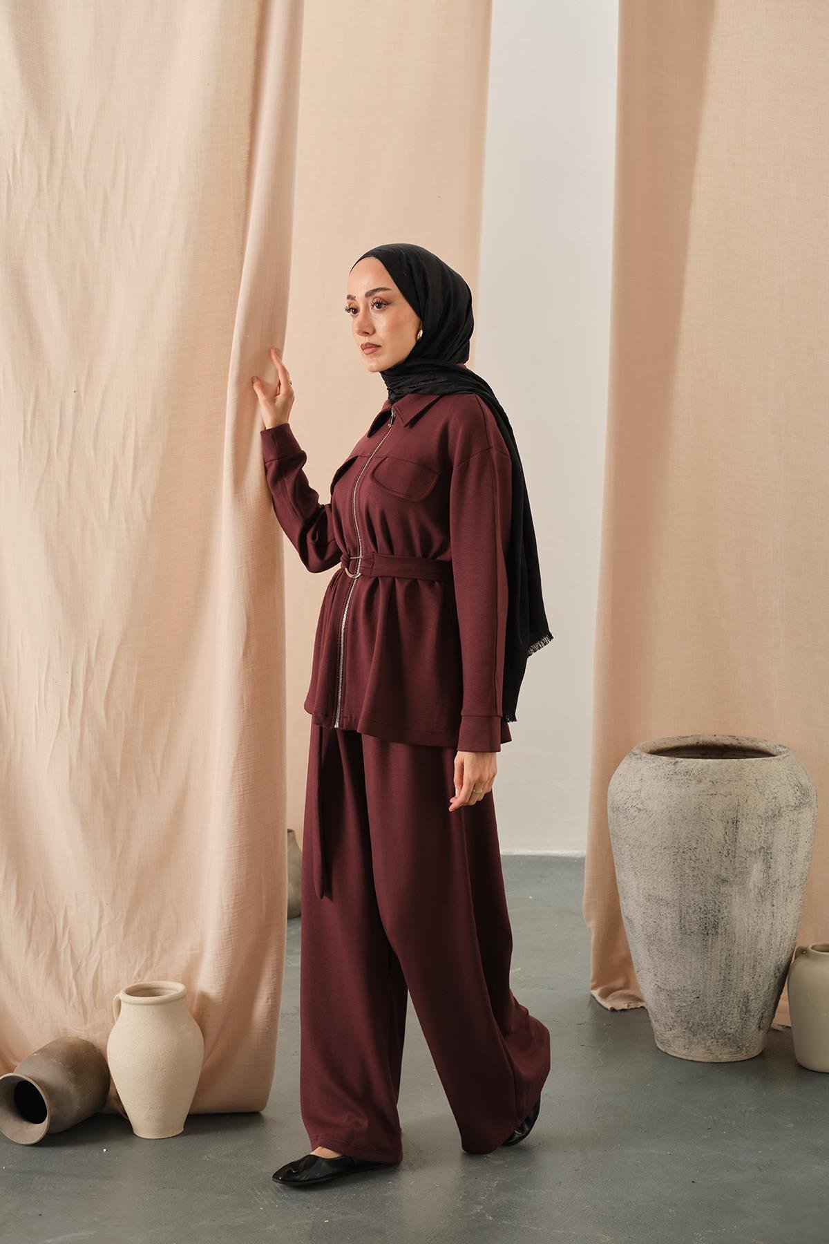 Fermuar Detay Bel Bağlamalı İkili Takım Bordo