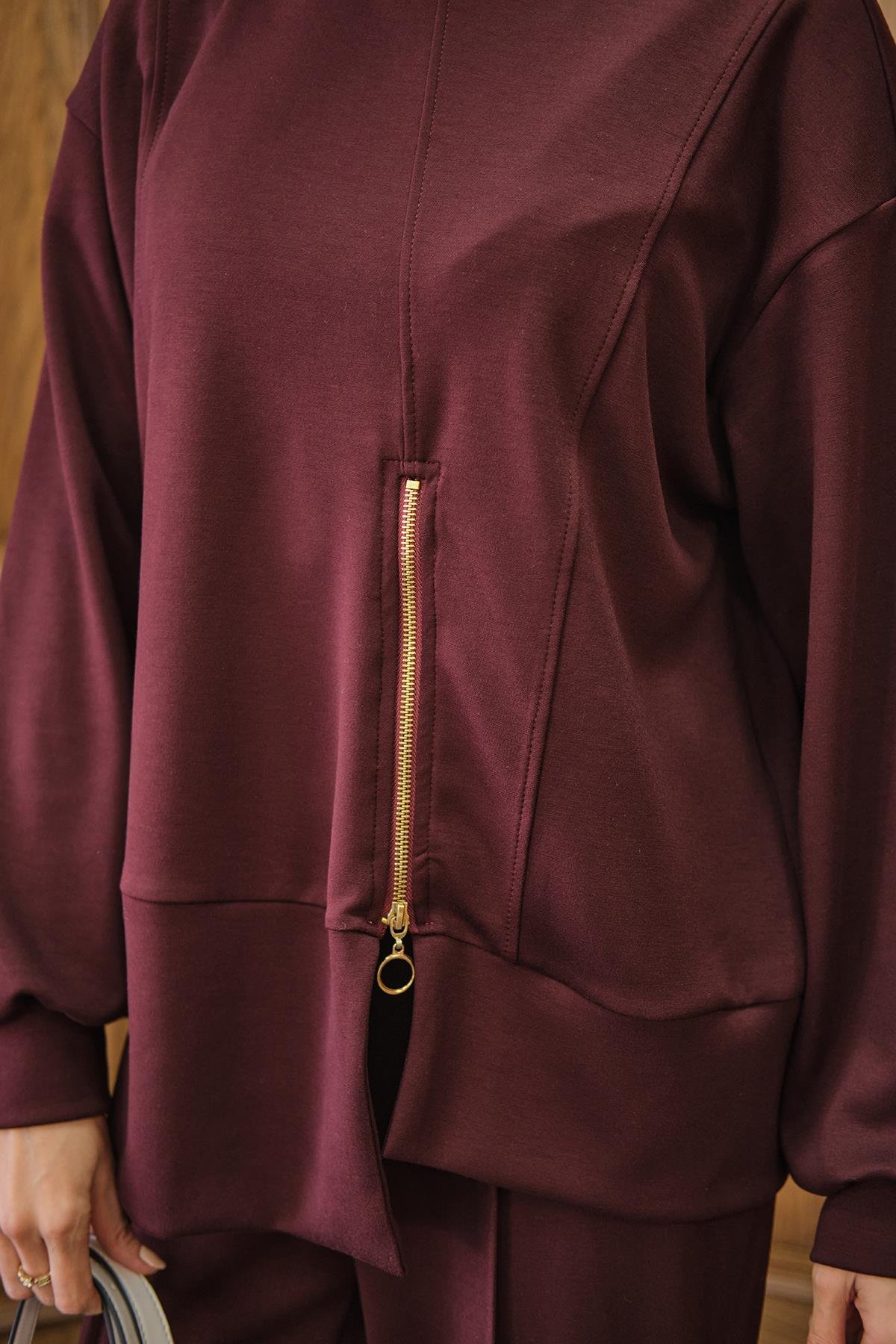 Fermuar Detay İkili Takım Bordo