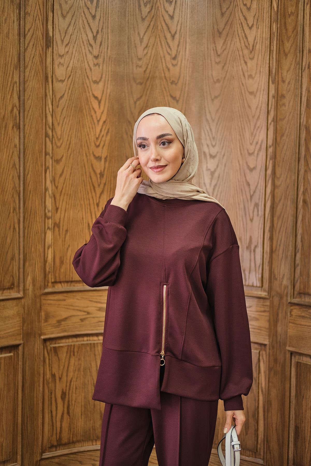 Fermuar Detay İkili Takım Bordo