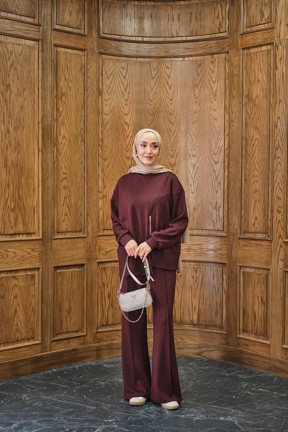 Fermuar Detay İkili Takım Bordo