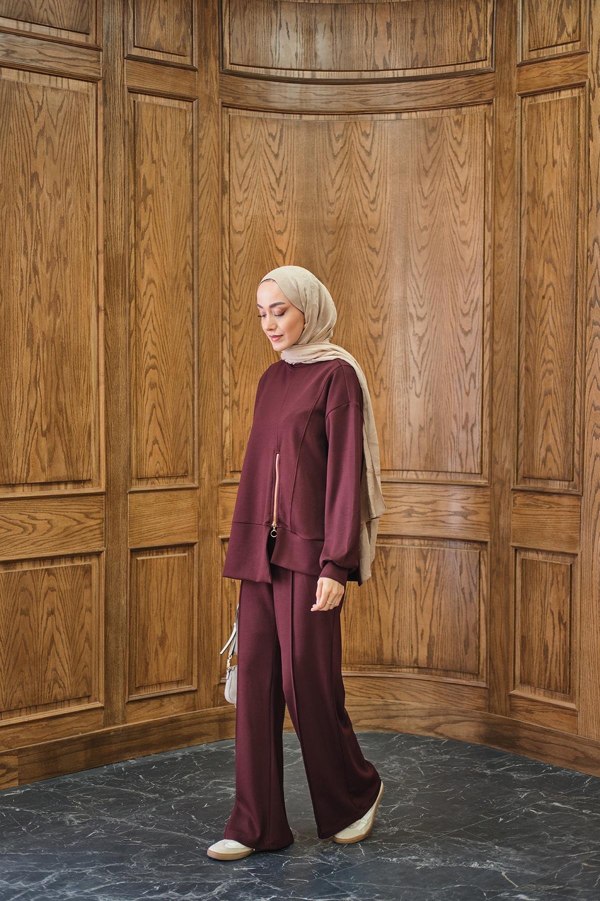 Fermuar Detay İkili Takım Bordo