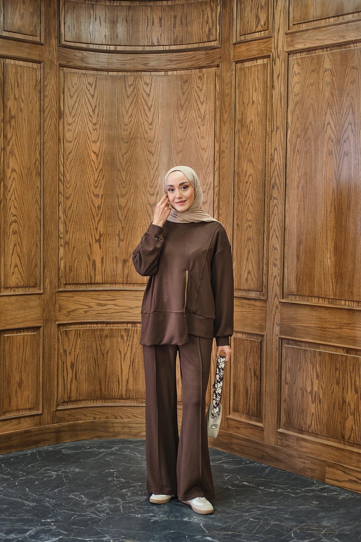 Fermuar Detay İkili Takım Kahverengi