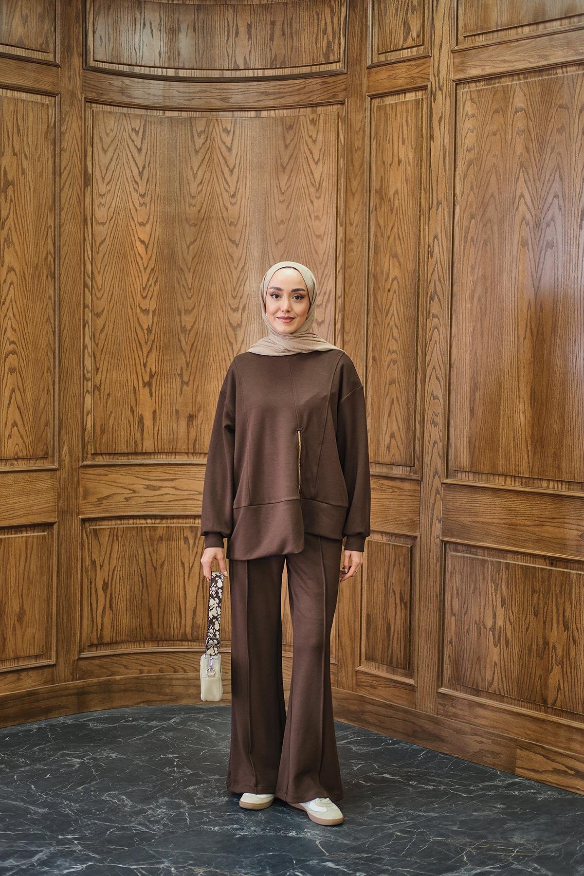 Fermuar Detay İkili Takım Kahverengi