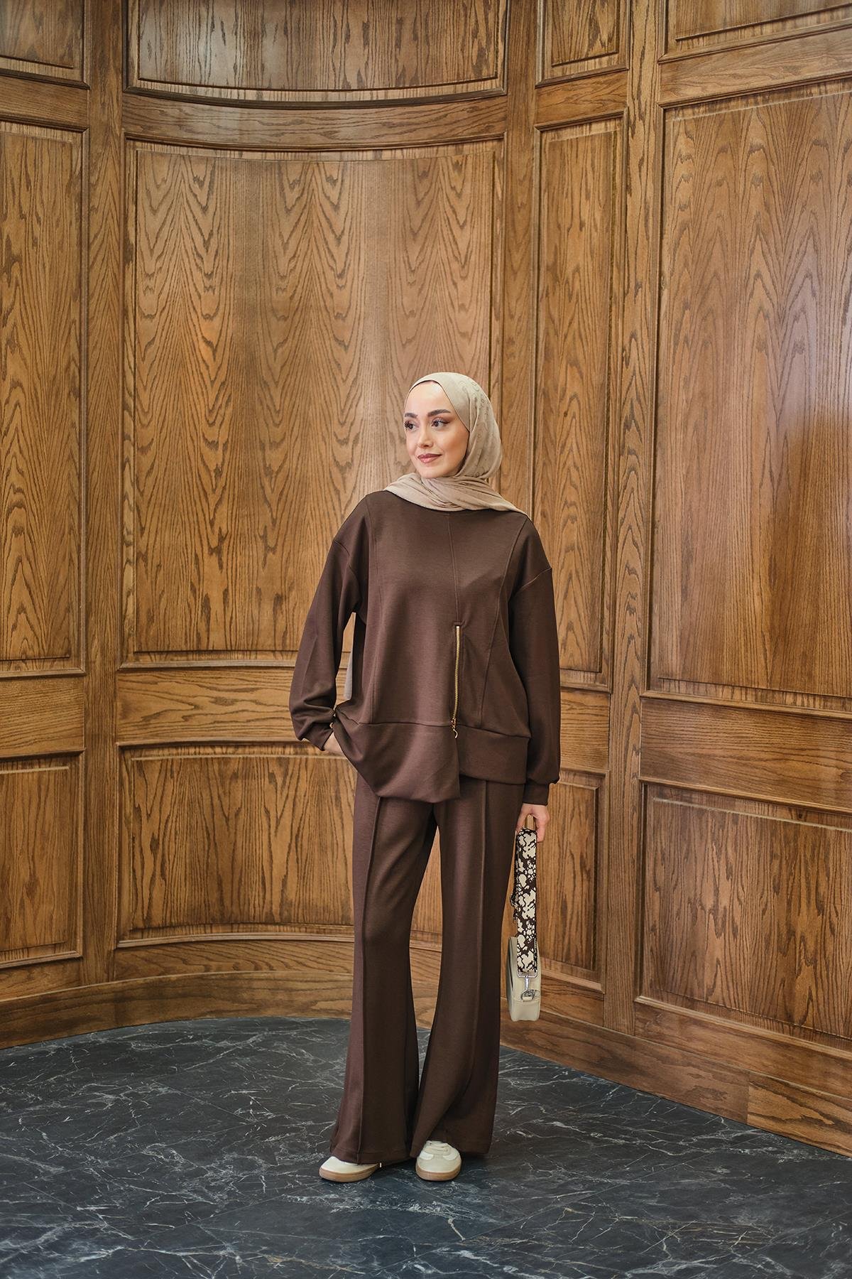 Fermuar Detay İkili Takım Kahverengi