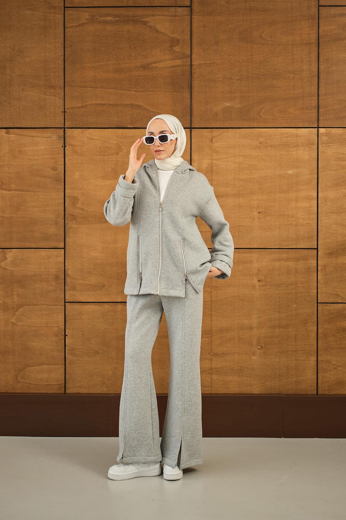 Fermuar Detaylı İkili Takım Gri