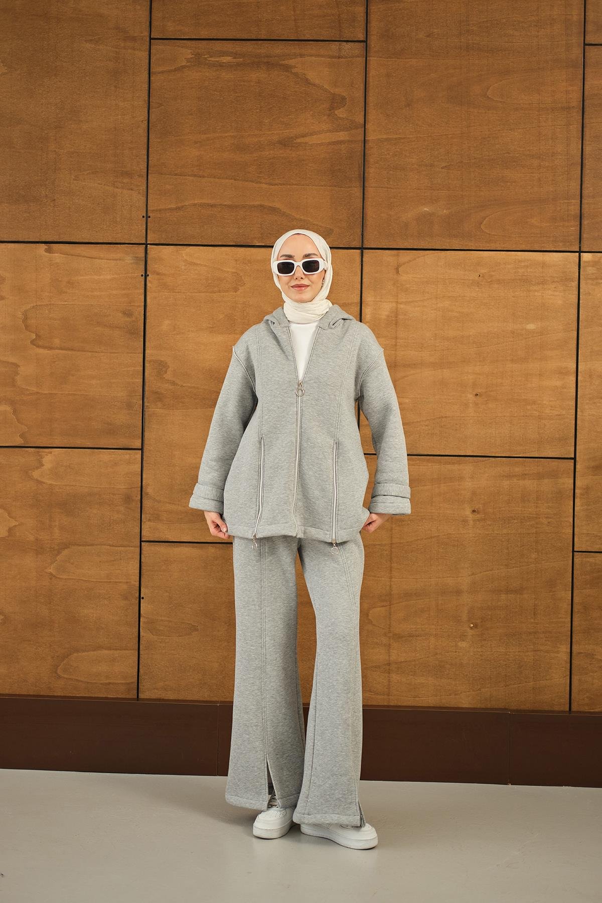 Fermuar Detaylı İkili Takım Gri