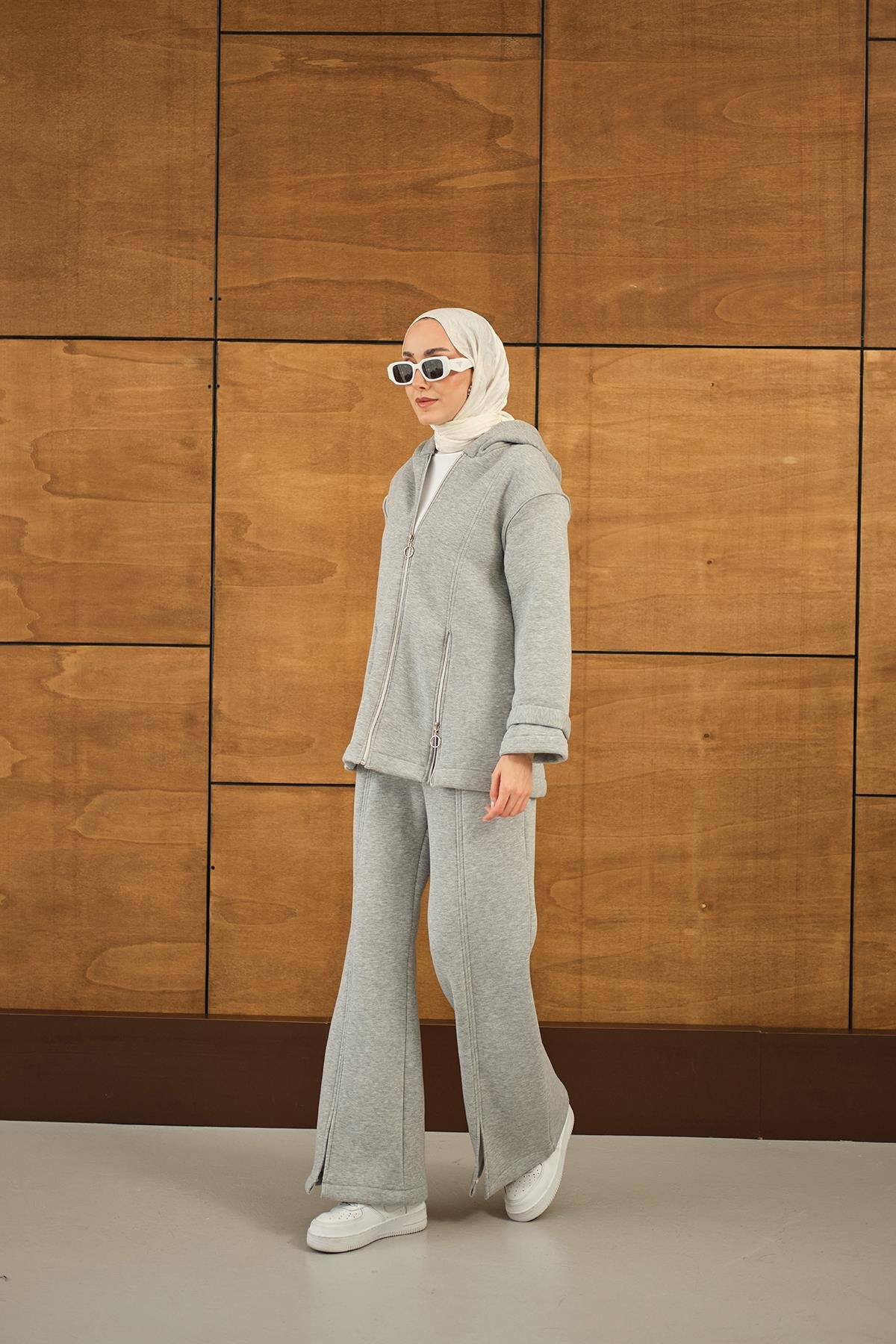 Fermuar Detaylı İkili Takım Gri