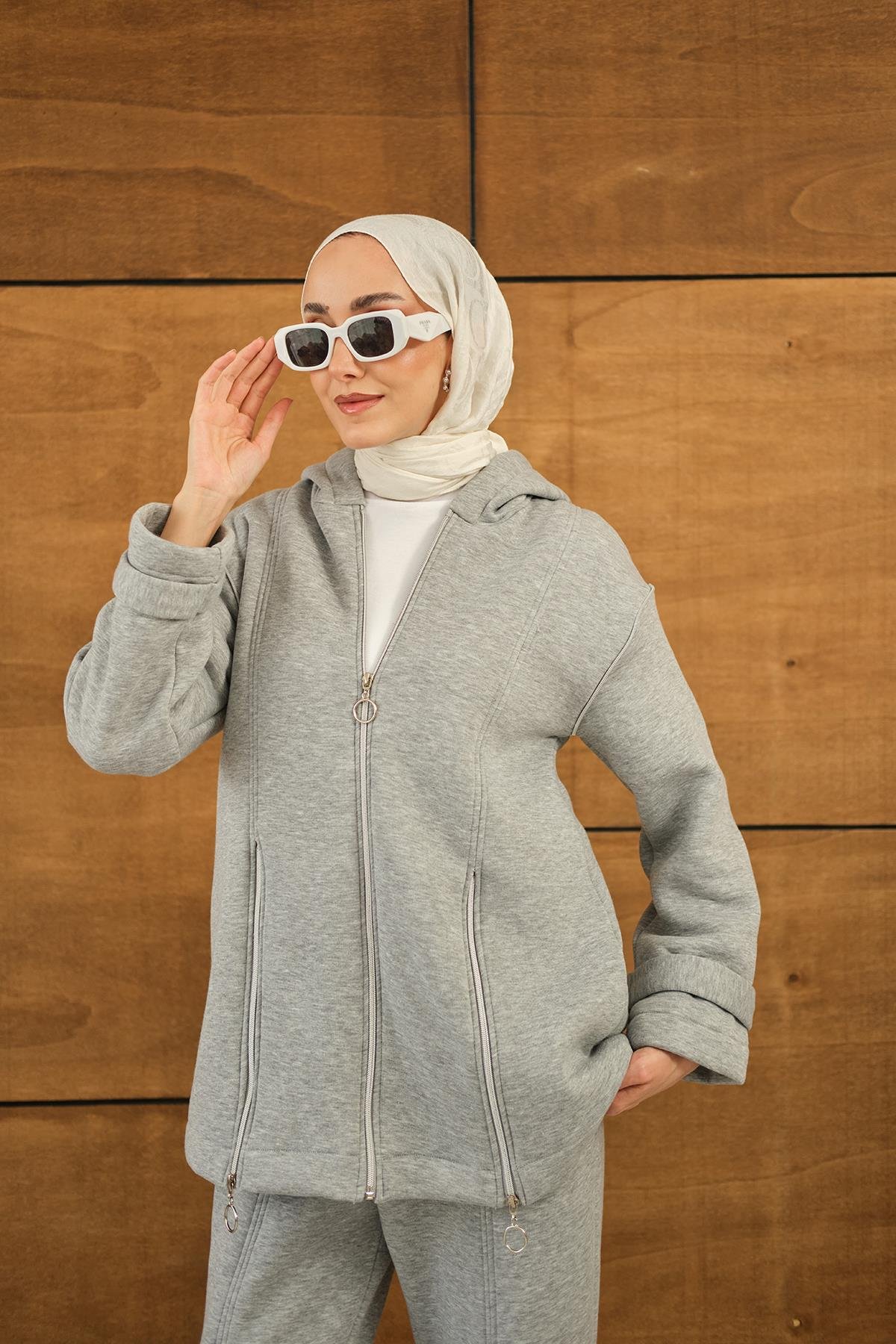 Fermuar Detaylı İkili Takım Gri