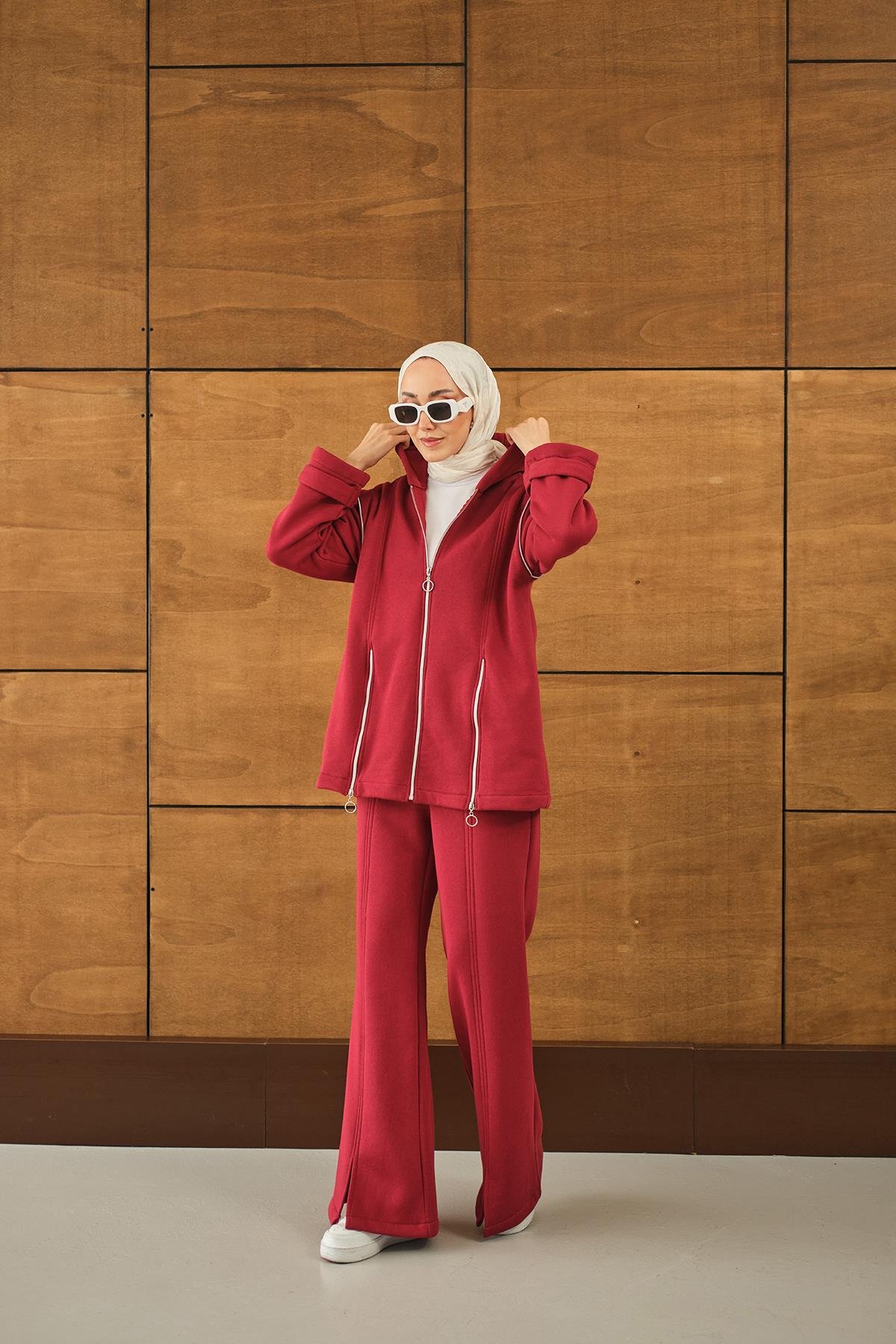 Fermuar Detaylı İkili Takım Kırmızı