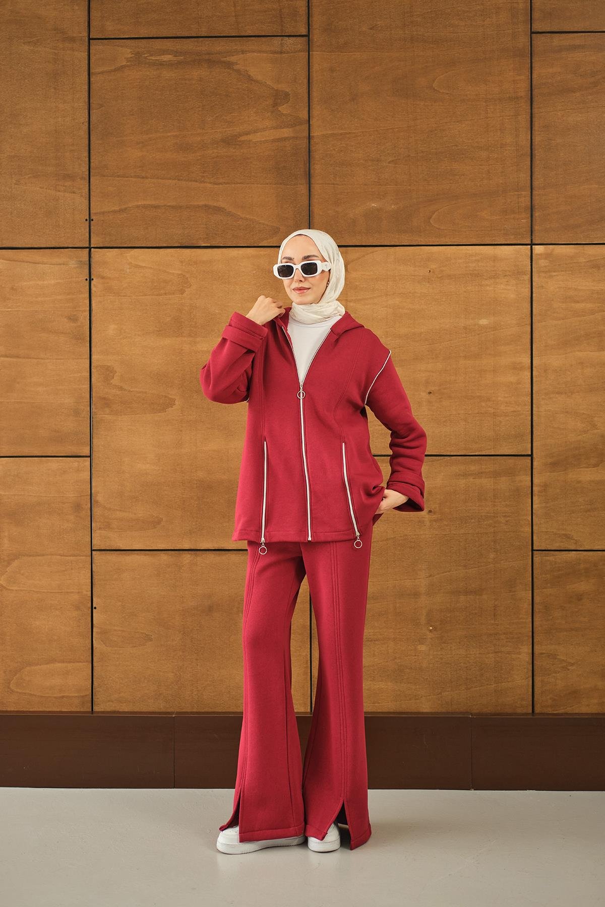Fermuar Detaylı İkili Takım Kırmızı