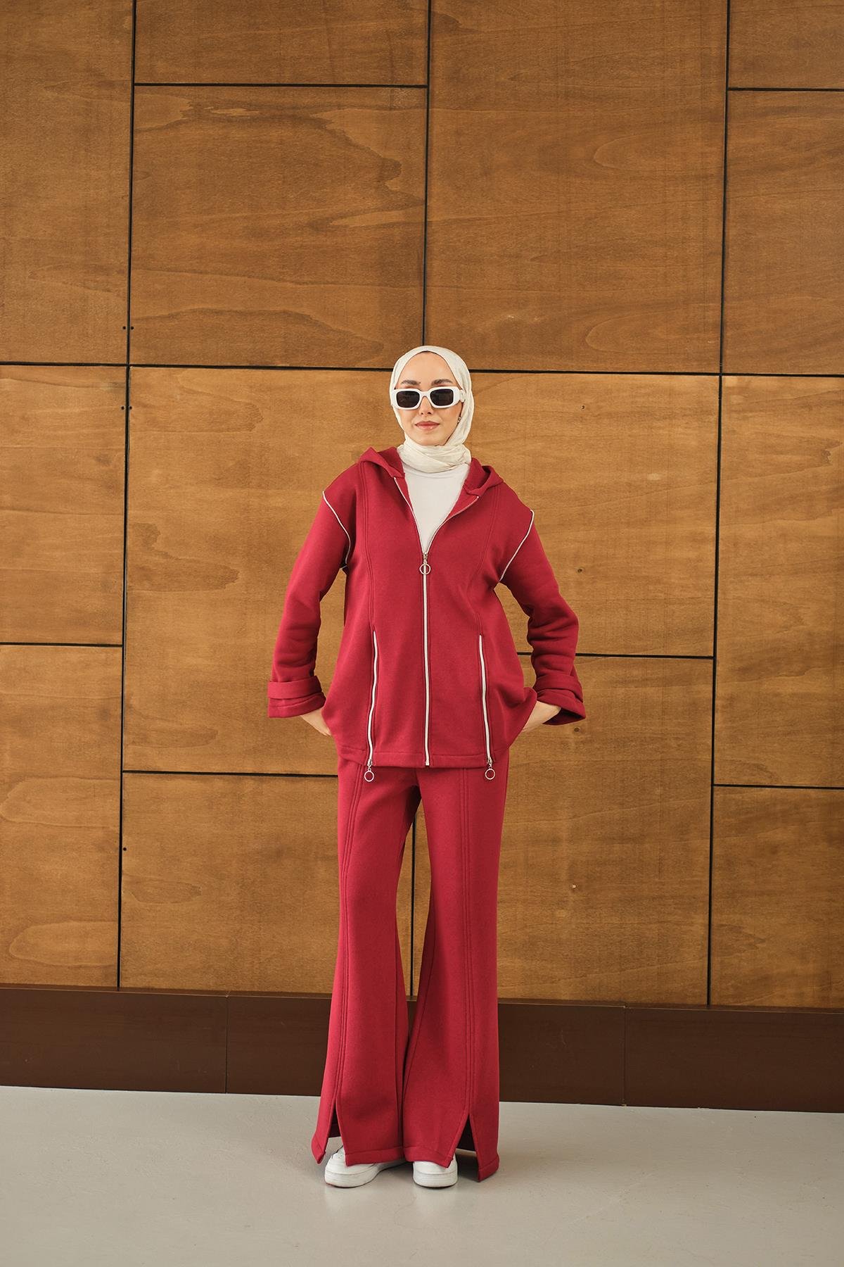 Fermuar Detaylı İkili Takım Kırmızı