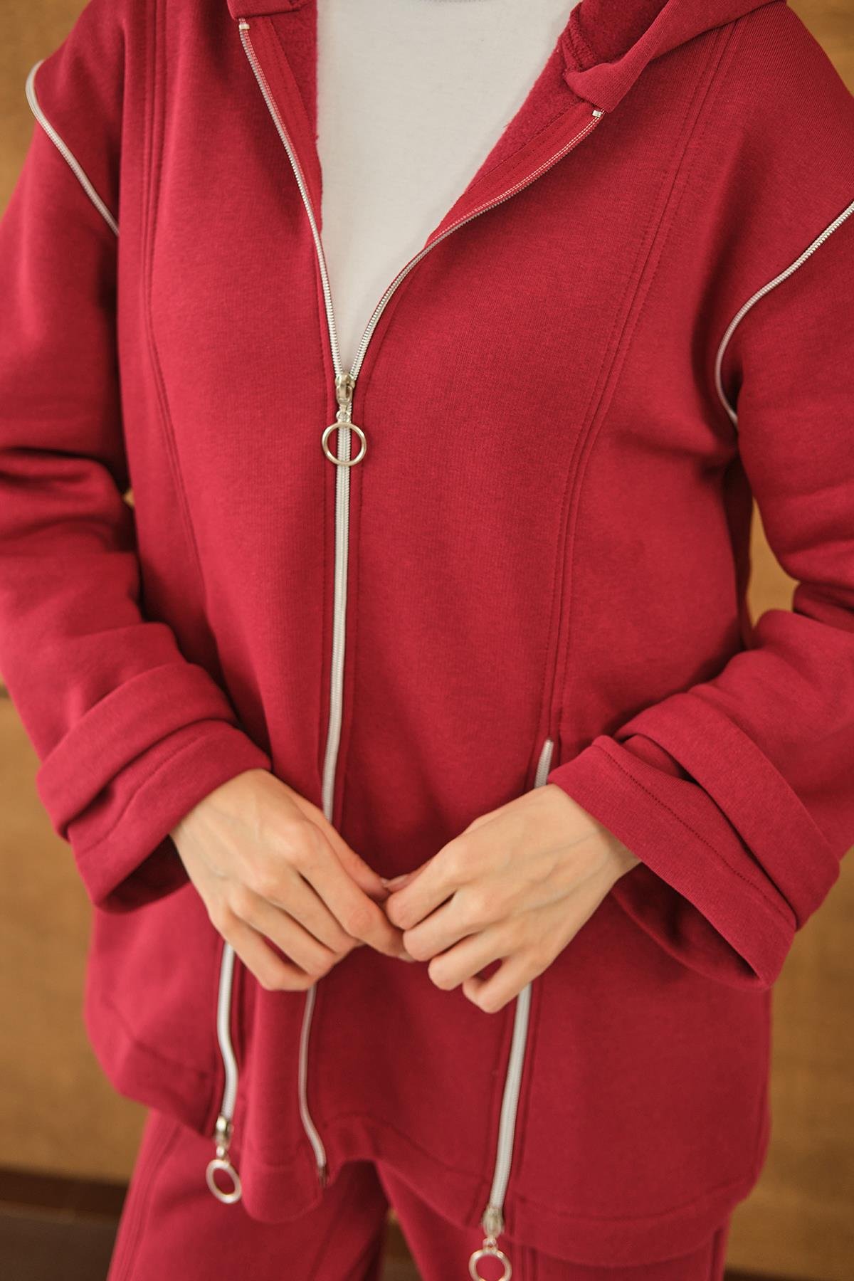 Fermuar Detaylı İkili Takım Kırmızı