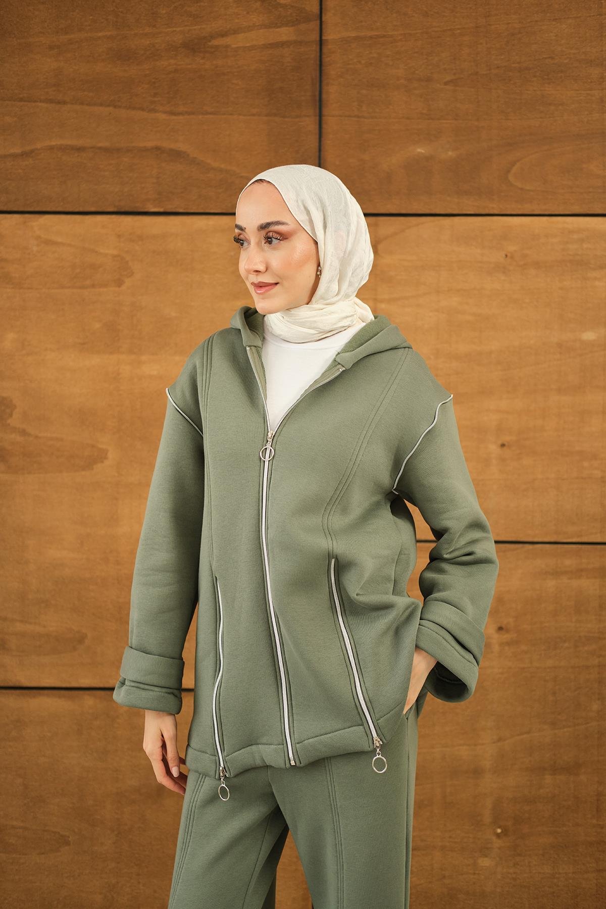 Fermuar Detaylı İkili Takım Yeşil