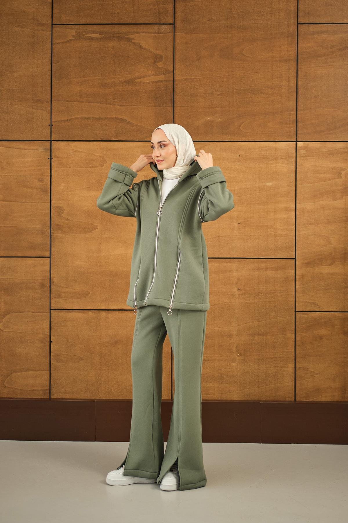 Fermuar Detaylı İkili Takım Yeşil