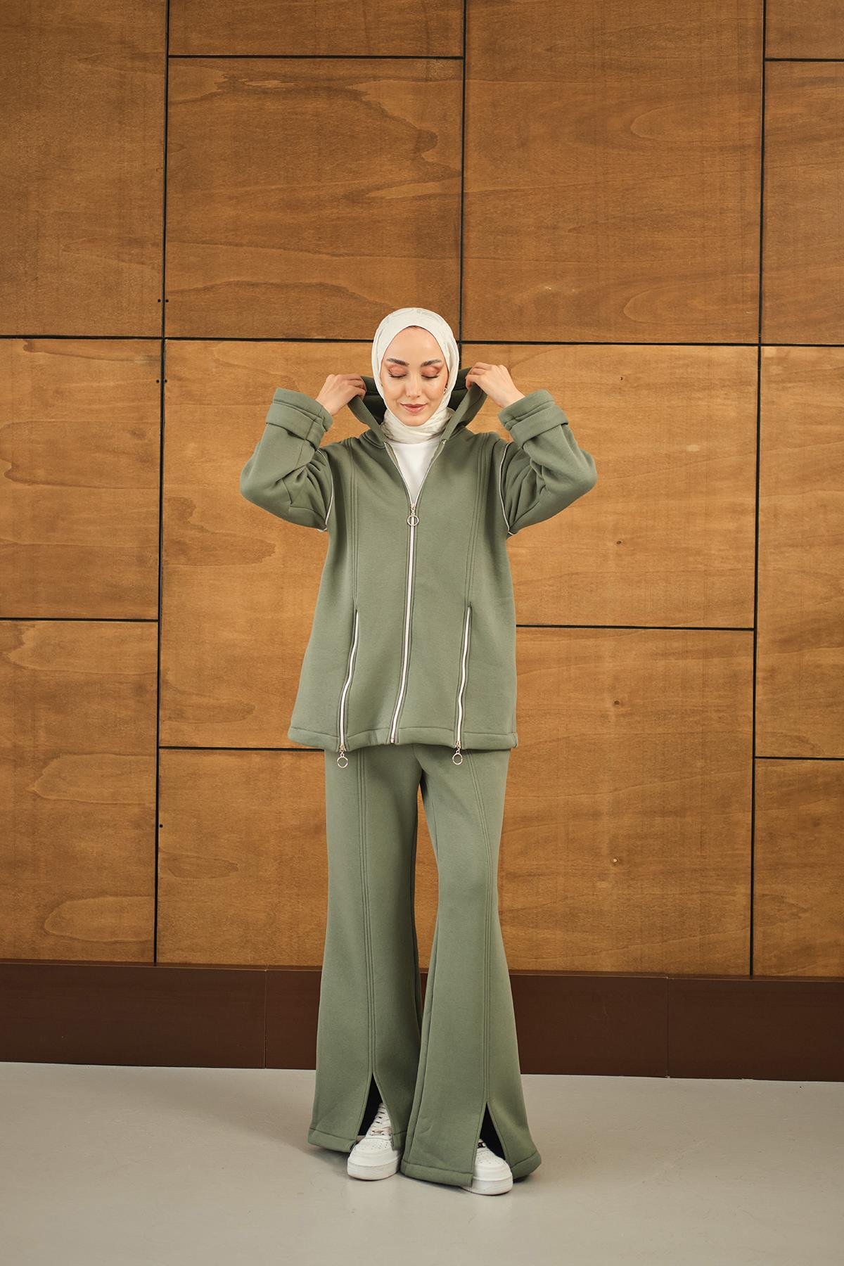 Fermuar Detaylı İkili Takım Yeşil