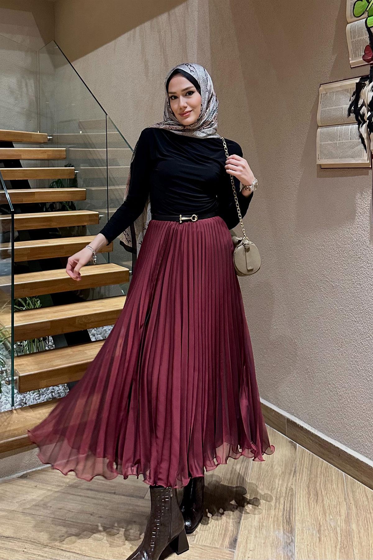 Fermuar Detaylı Pileli Etek Bordo