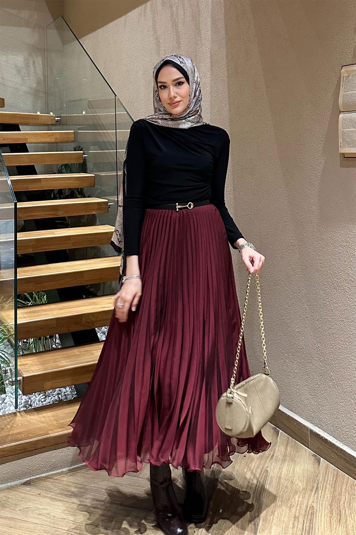 Fermuar Detaylı Pileli Etek Bordo