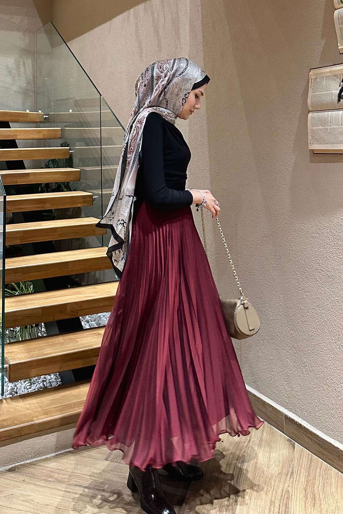 Fermuar Detaylı Pileli Etek Bordo