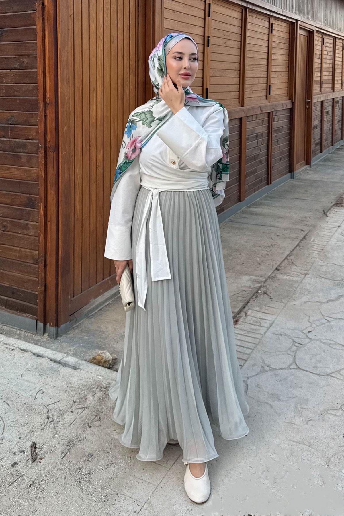 Fermuar Detaylı Şifon Etek Su Yeşil