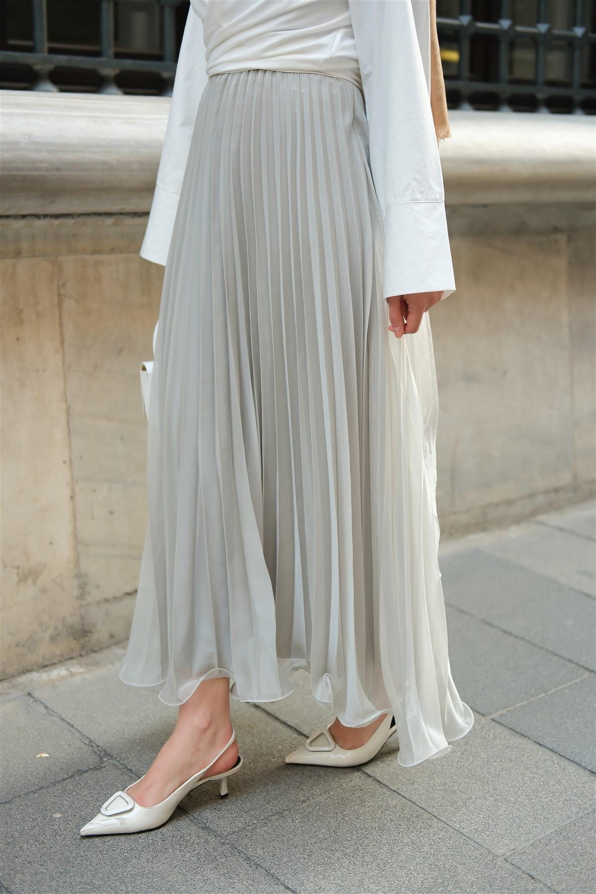 Fermuar Detaylı Şifon Etek Su Yeşil