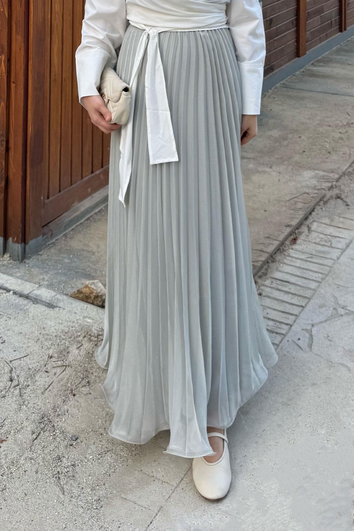 Fermuar Detaylı Şifon Etek Su Yeşil