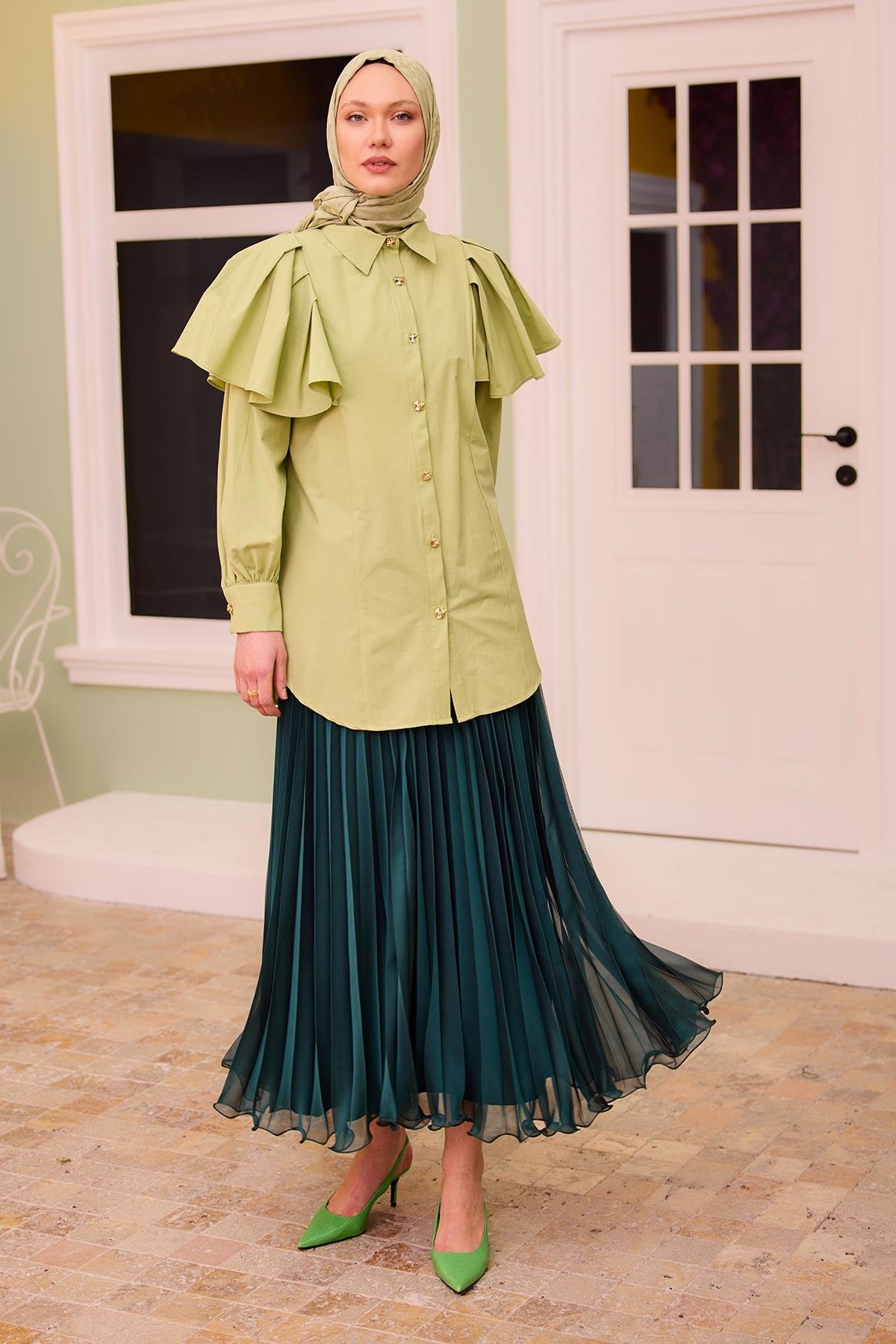 Fermuar Detaylı Şifon Etek Yeşil