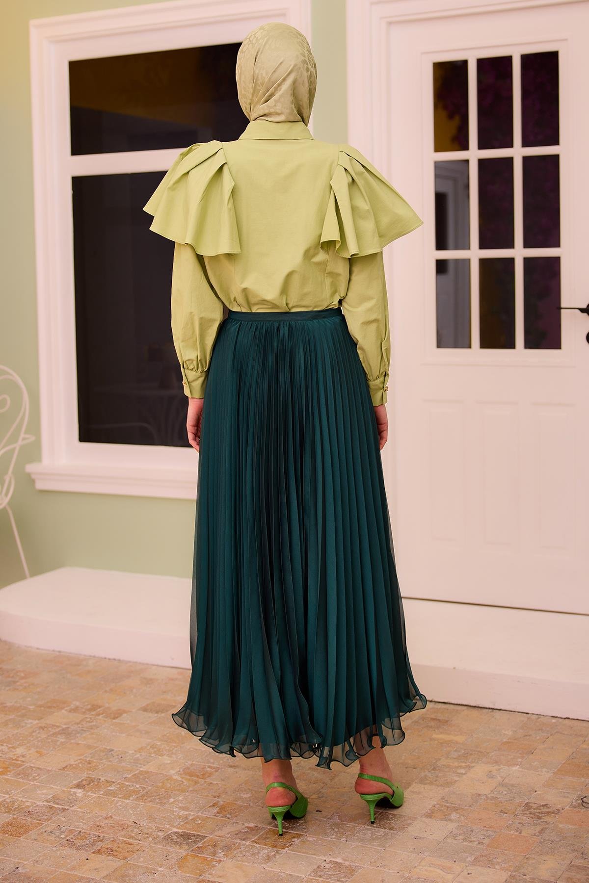 Fermuar Detaylı Şifon Etek Yeşil