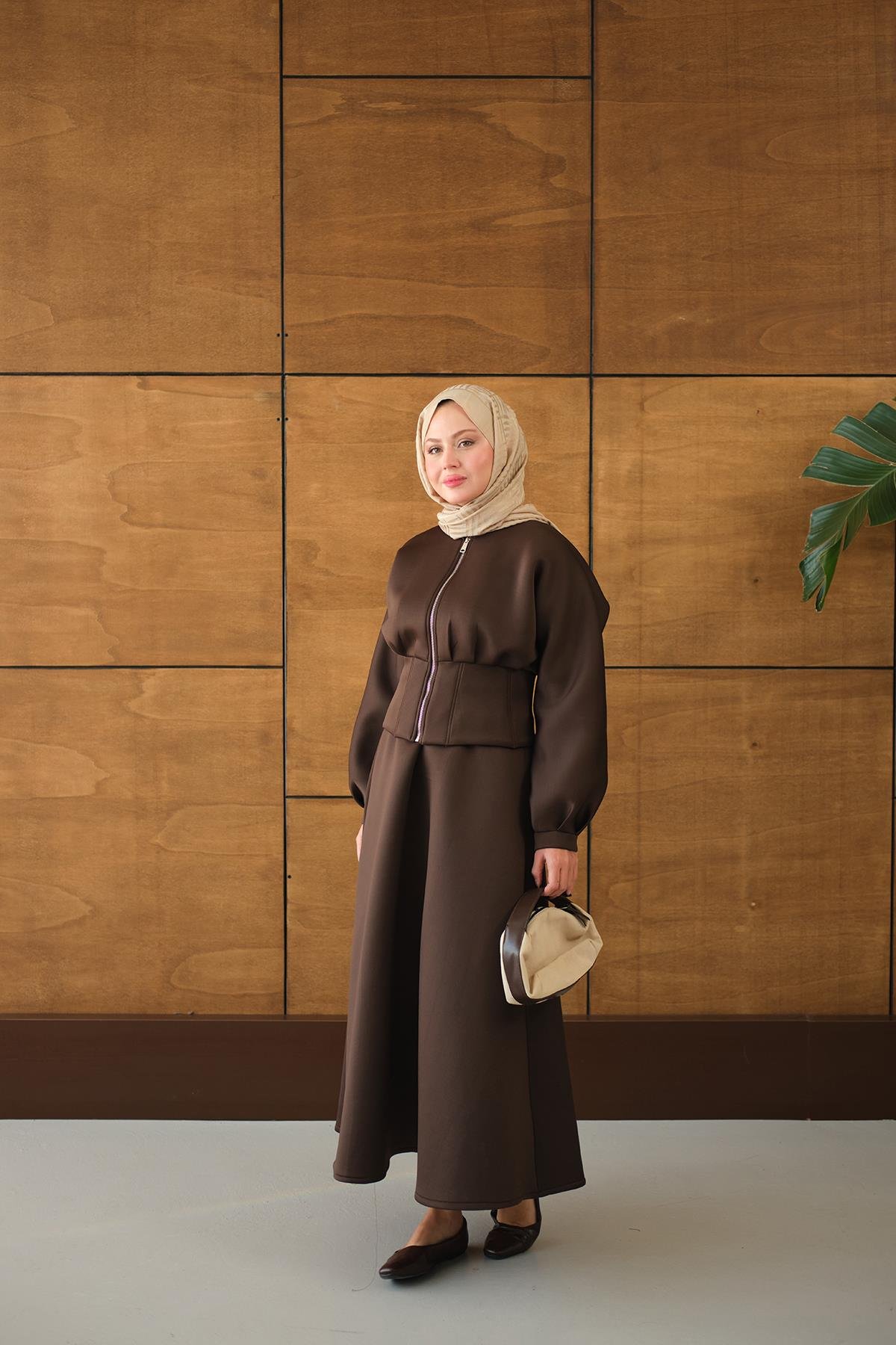 Fermuarlı Etekli Takım Kahverengi