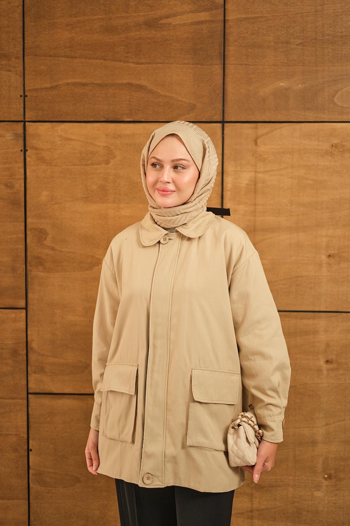 Fermuarlı Gabardin Ceket Taş